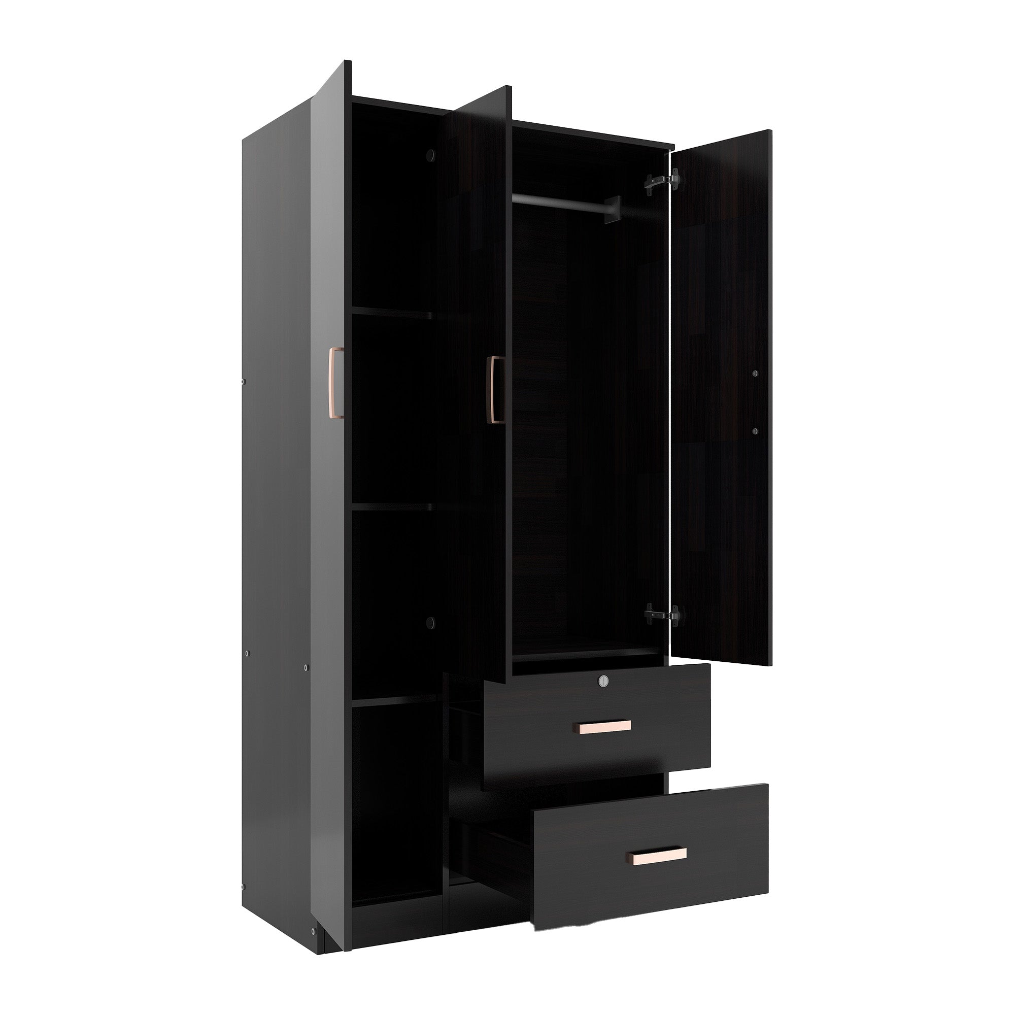 خزانة ملابس رين بثلاثة أبواب مصنوعة من الخشب الهندسي - غرفة نوم واسعة مع أرفف