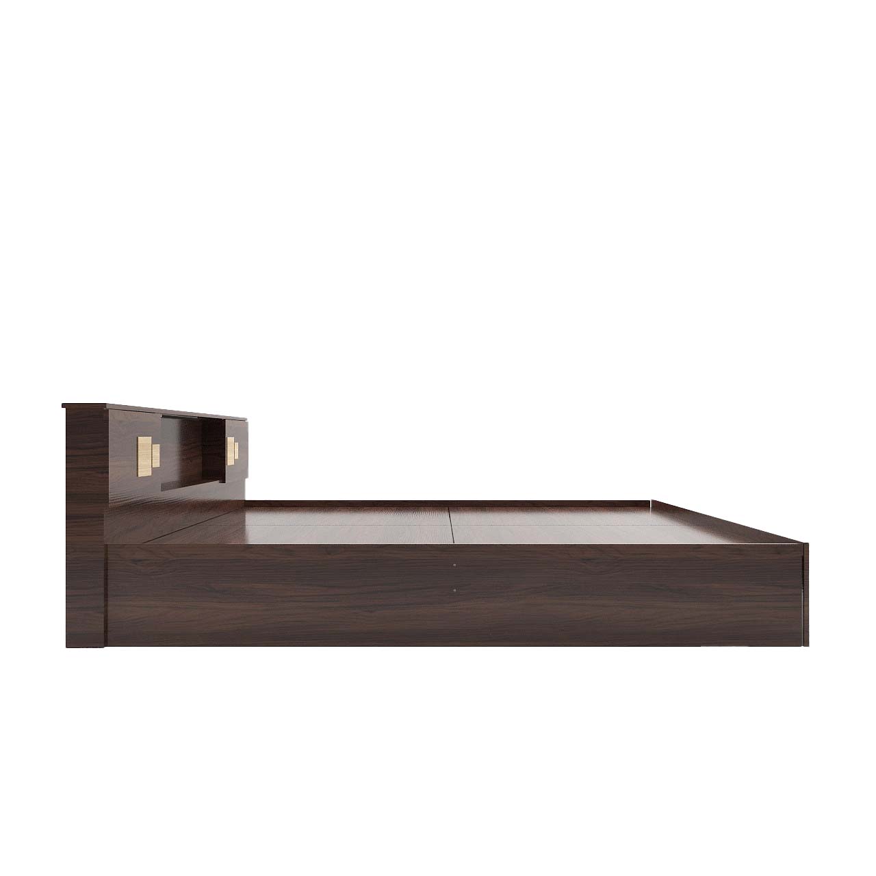 Kumiko Bed with Non-Woven Box Storage – Engineered Wood, Walnut Finish