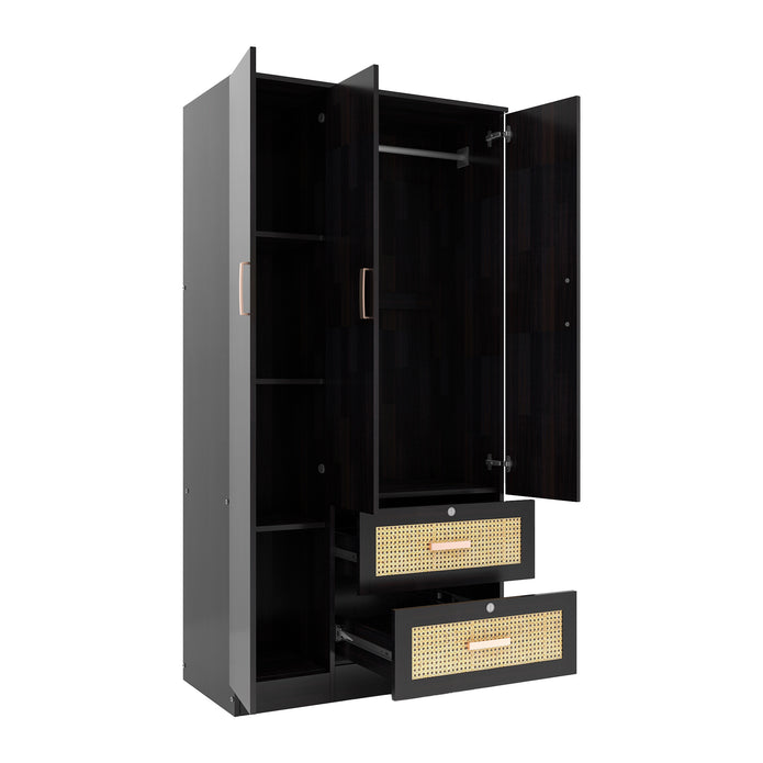 Ren 3-Door Engineered Wood Wardrobe with Rattan Design – Bedroom Almirah