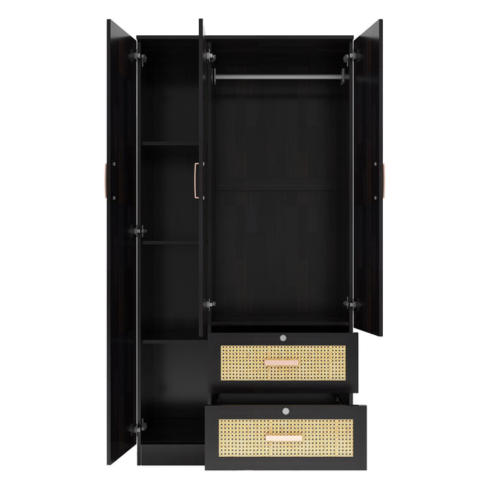 Ren 3-Door Engineered Wood Wardrobe with Rattan Design – Bedroom Almirah