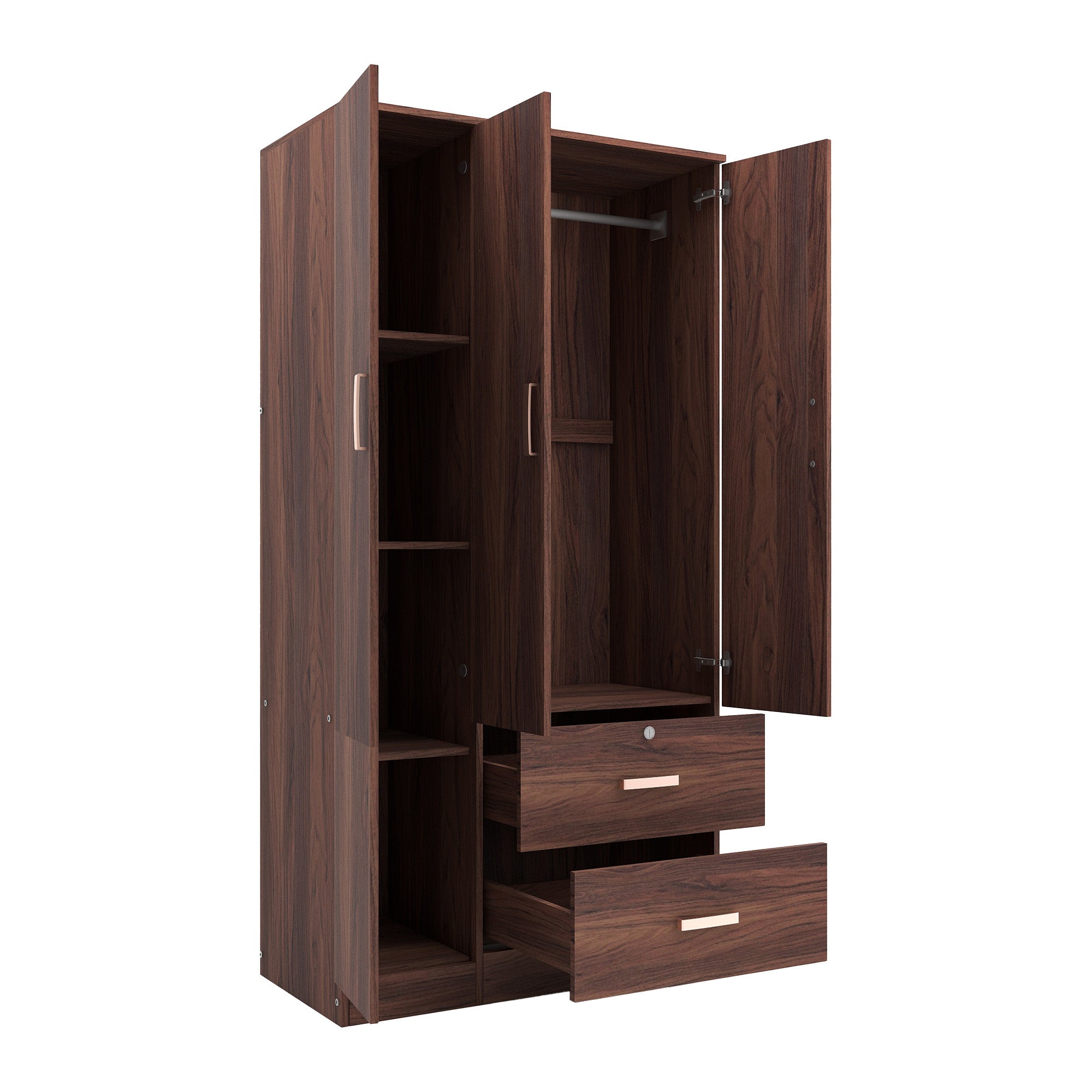 خزانة ملابس رين بثلاثة أبواب مصنوعة من الخشب الهندسي - غرفة نوم واسعة مع أرفف