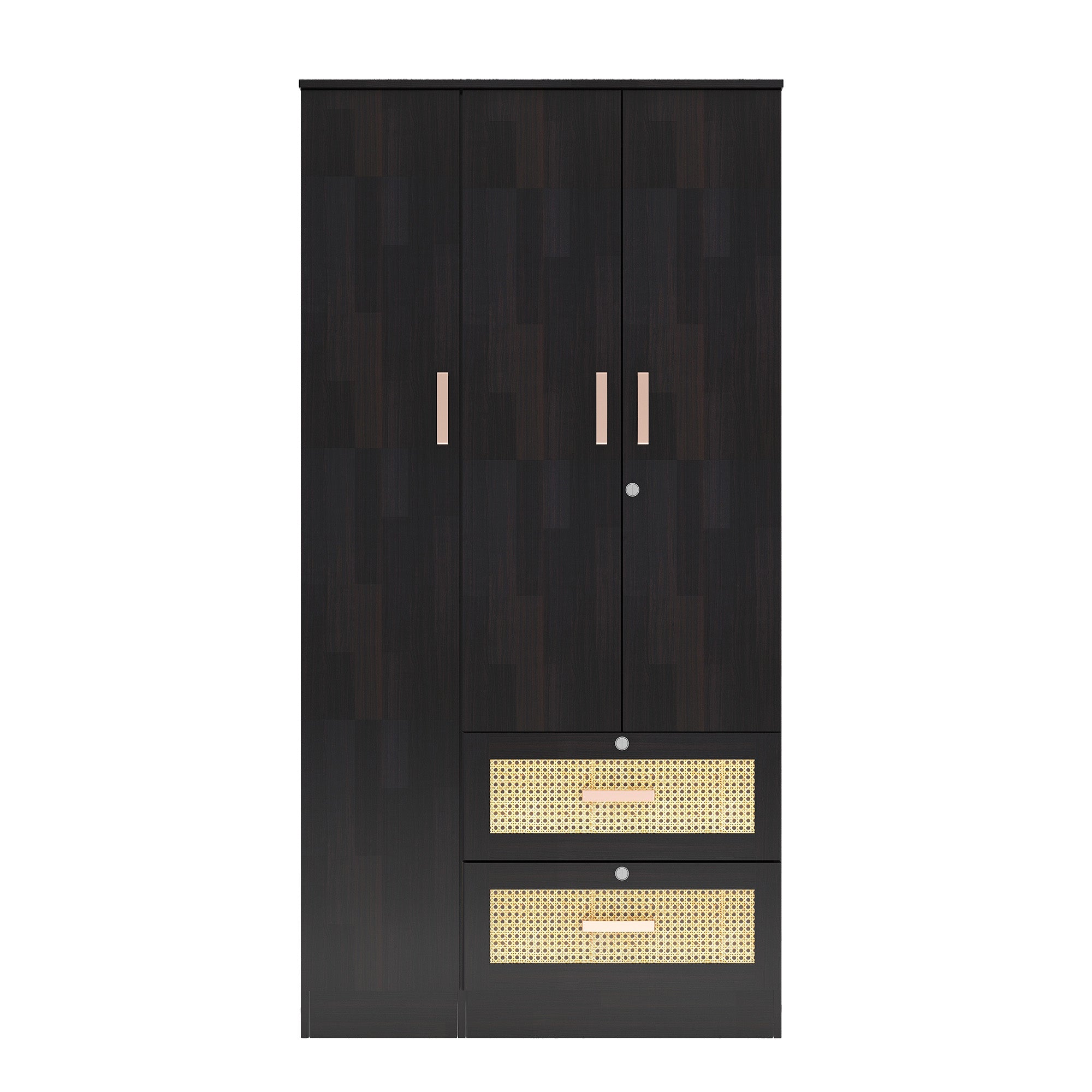 Ren 3-Door Engineered Wood Wardrobe with Rattan Design – Bedroom Almirah
