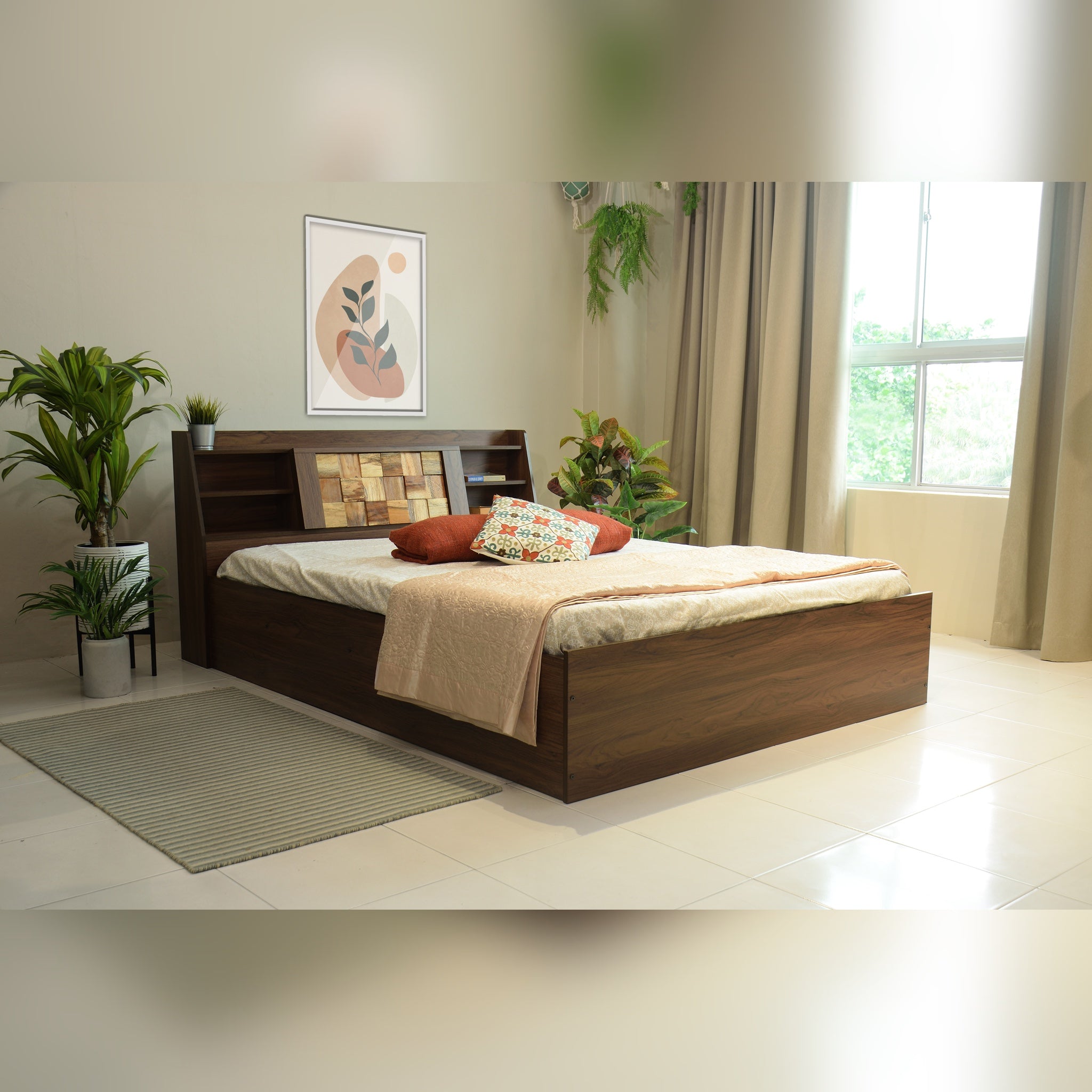 Timber Queen Bed – Walnut Finish with Box Storage