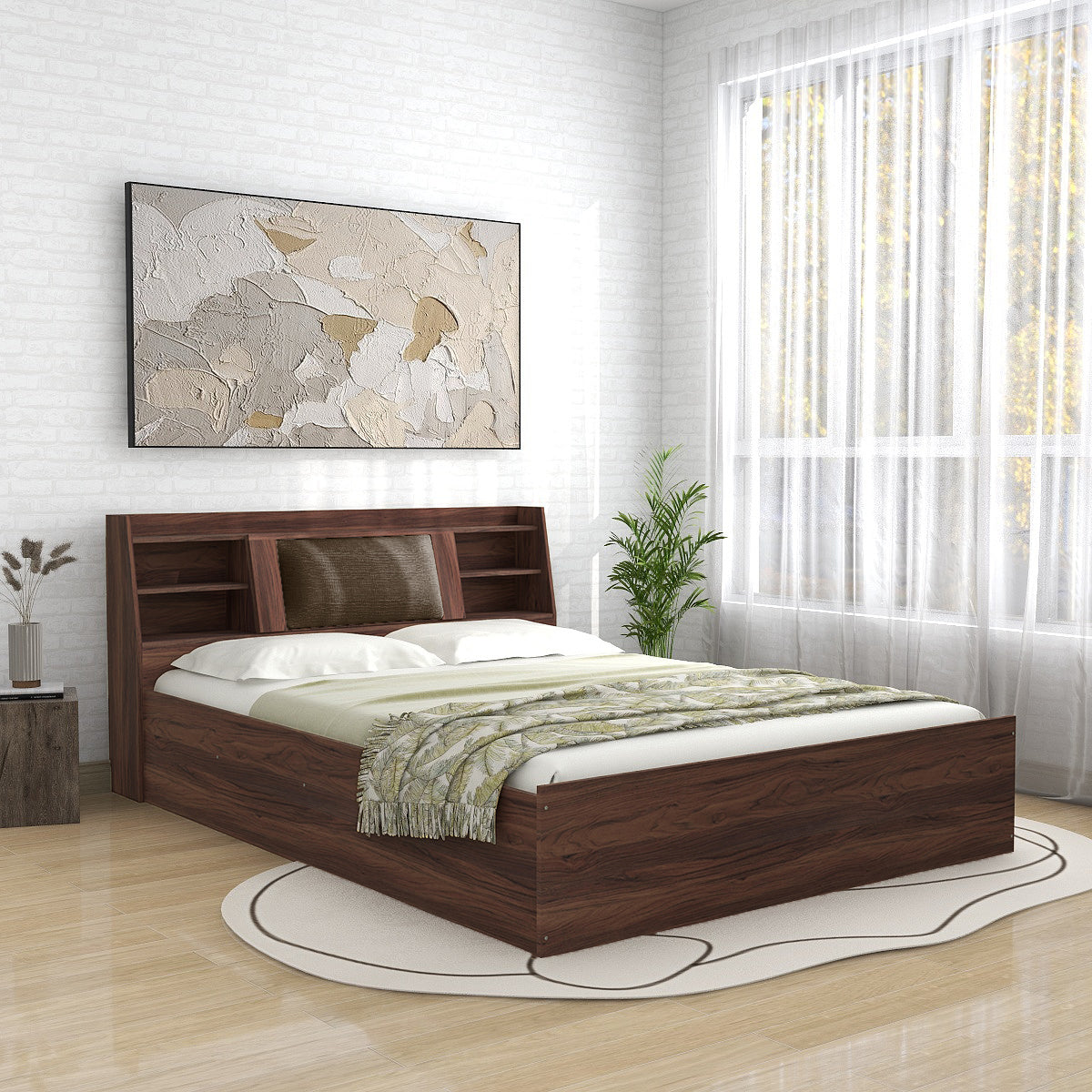Lavish Queen Bed Walnut Base With Box Storage (Non-Woveen)