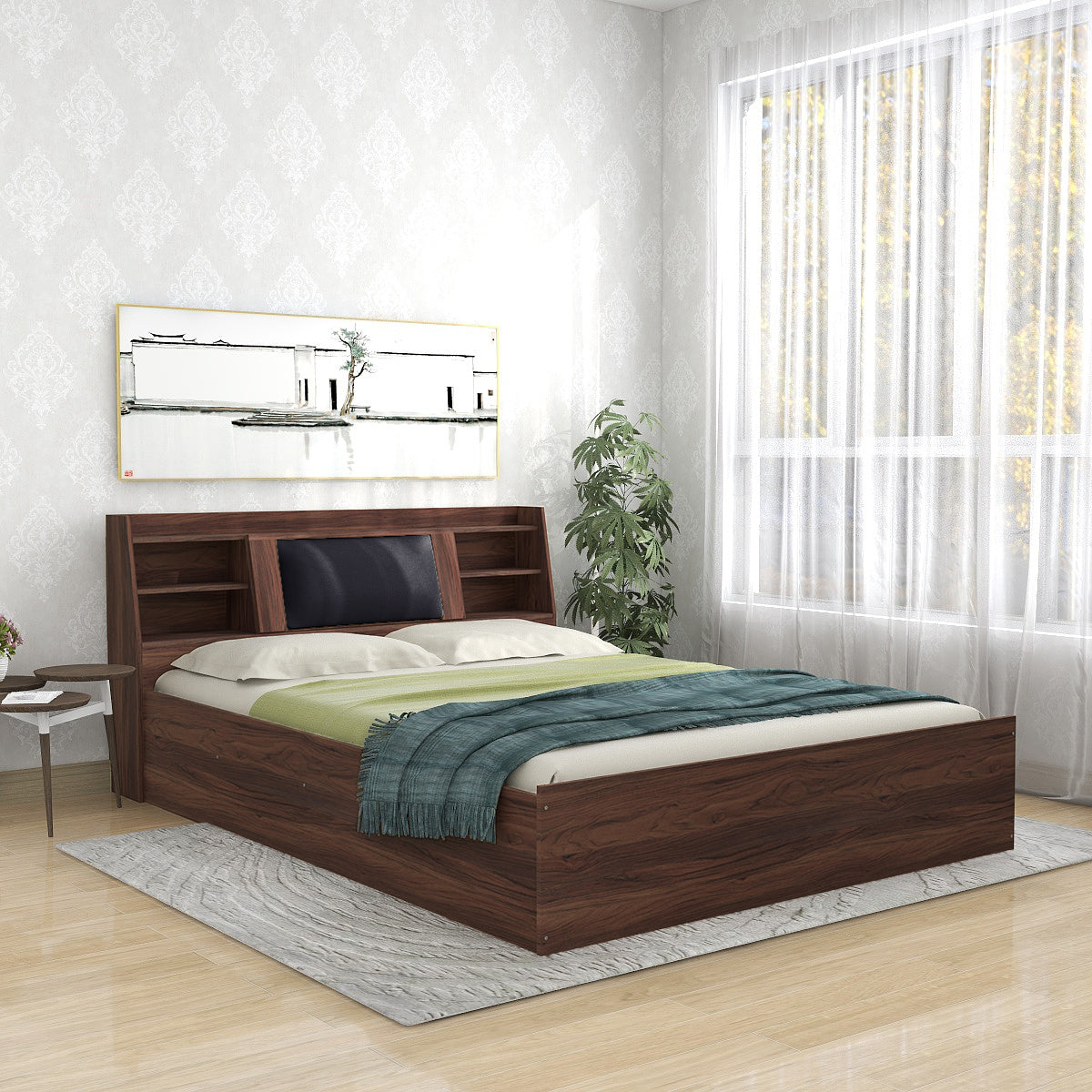 Lavish Queen Bed Walnut Base With Box Storage (Non-Woveen)