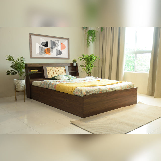 Timber Queen Bed – Walnut Finish with Box Storage