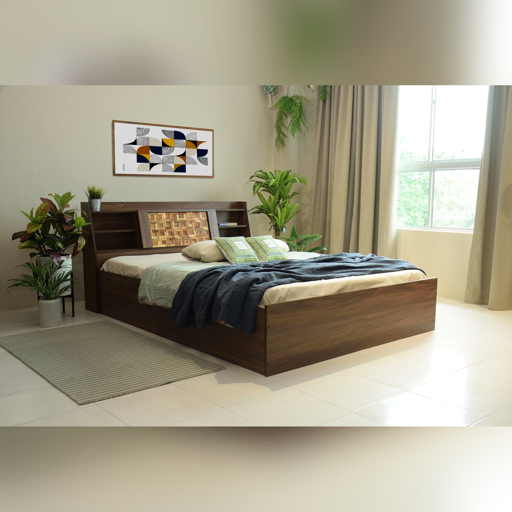 Timber Queen Bed – Walnut Finish with Box Storage