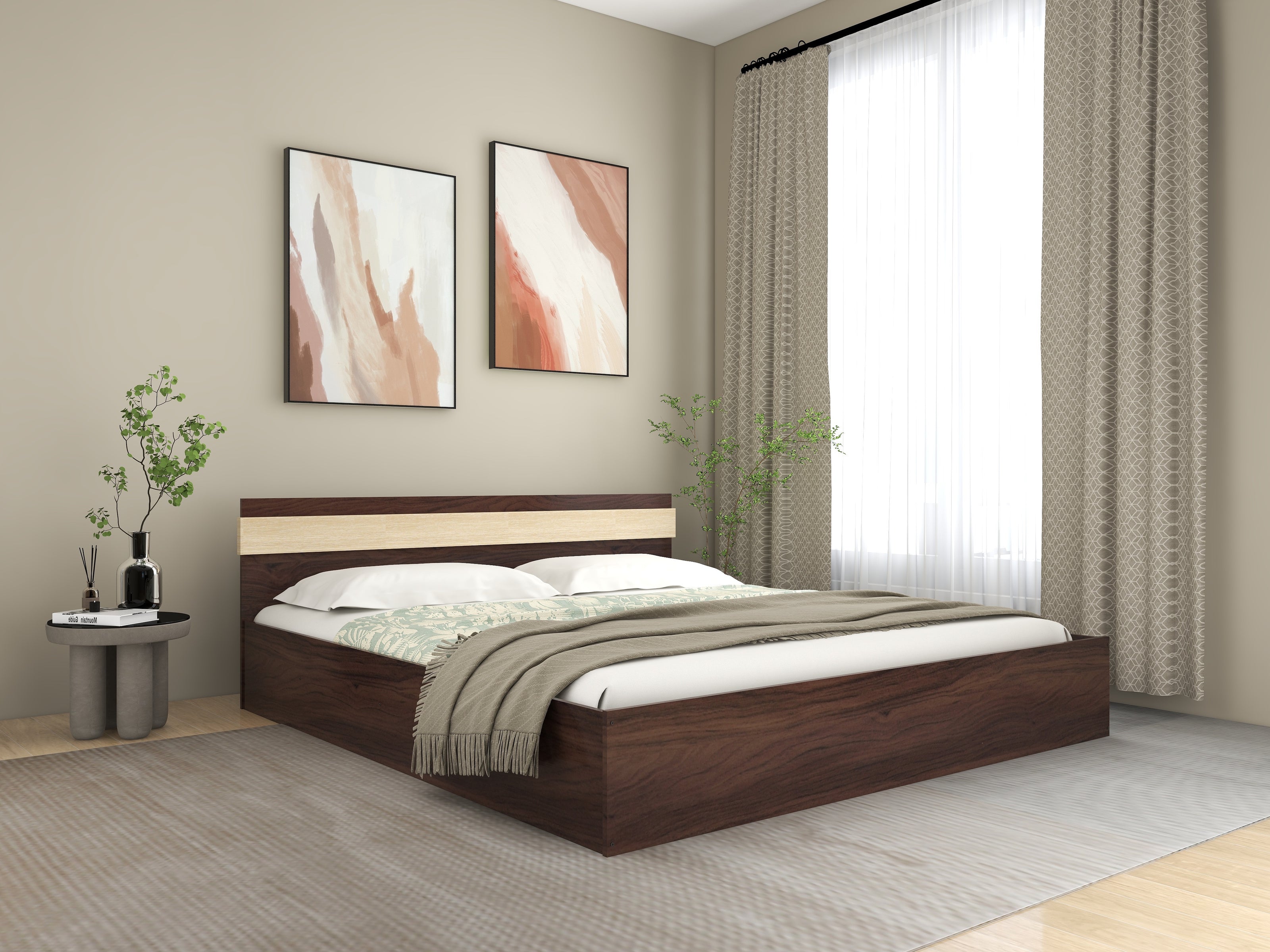 Joben Queen Bed with Non-Woven Storage – Engineered Wood, Walnut Finish – DF2H