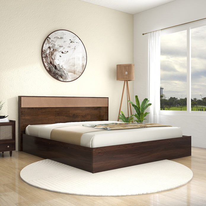 Eurotas Queen Bed – Solid Wood with Rattan Headboard and Box Storage – DF2H