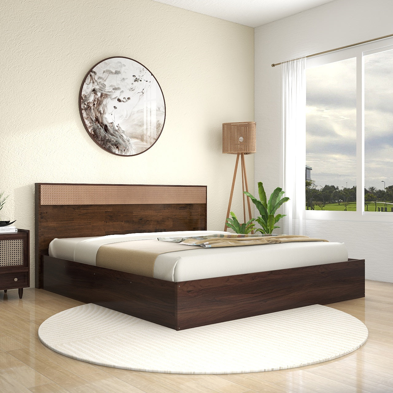 Eurotas Queen Bed – Solid Wood with Rattan Headboard and Box Storage – DF2H