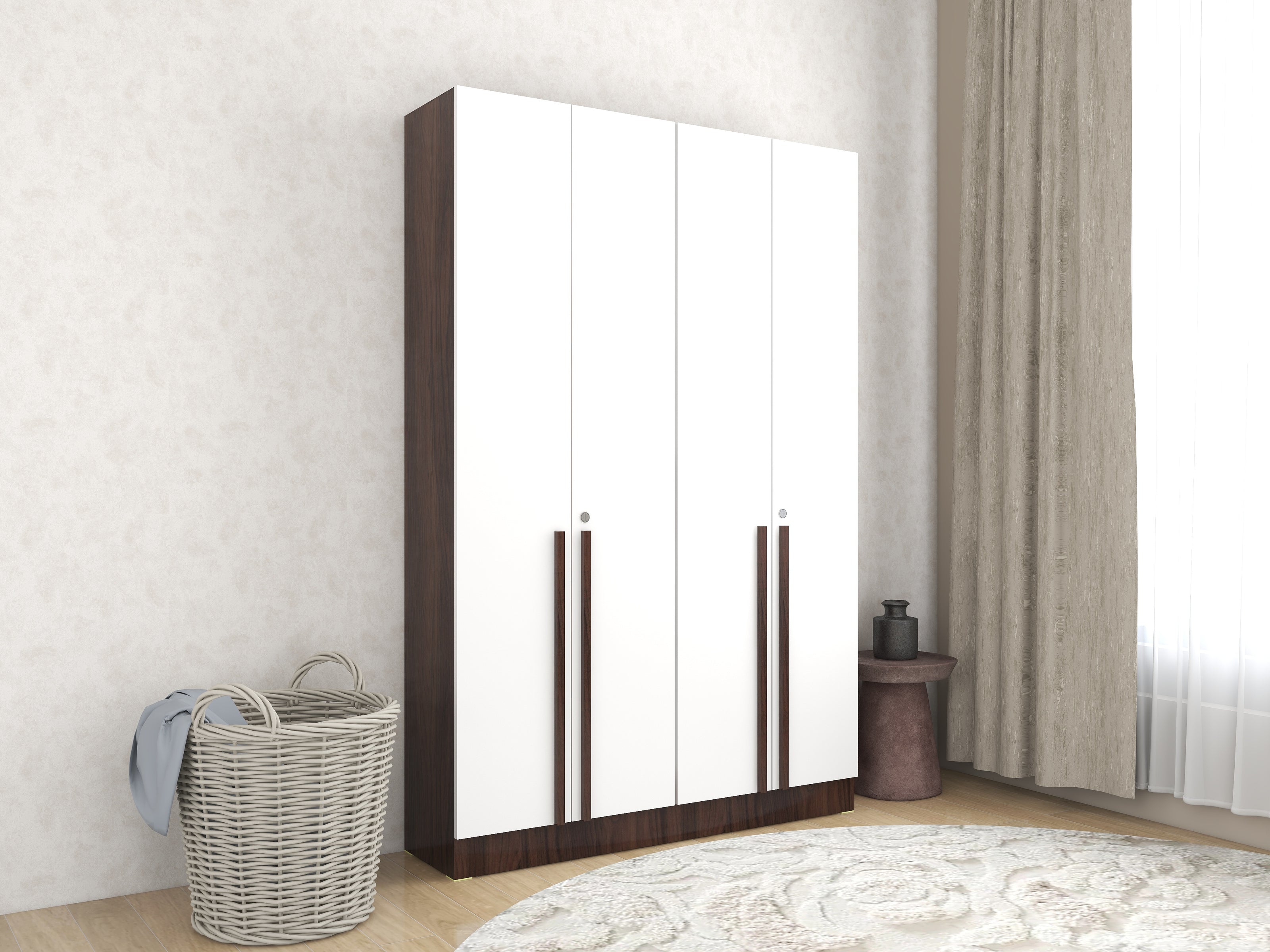 Kenzou 4-Door Engineered Wood Wardrobe – Large Almirah with Hanging Rod & Shelves