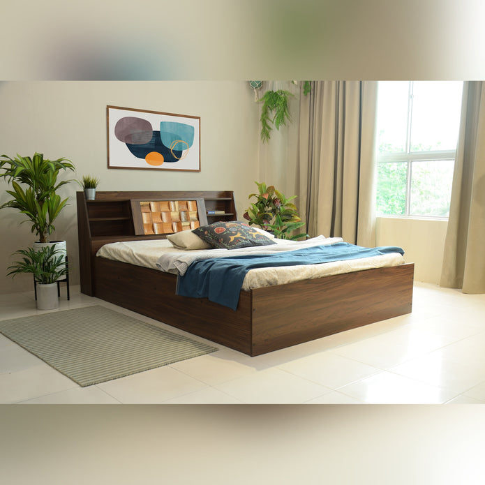 Timber Queen Bed – Walnut Finish with Box Storage