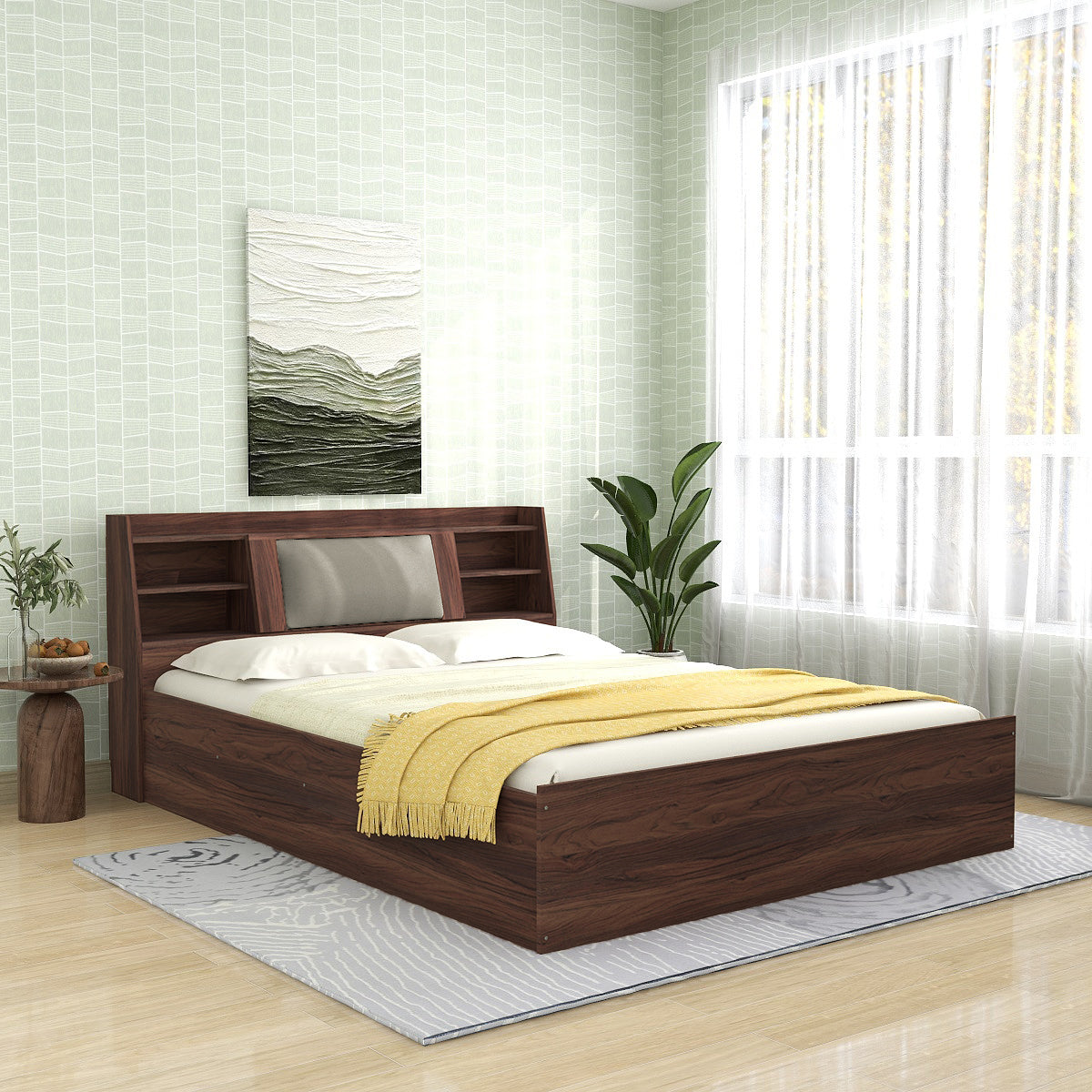 Lavish Queen Bed Walnut Base With Box Storage (Non-Woveen)