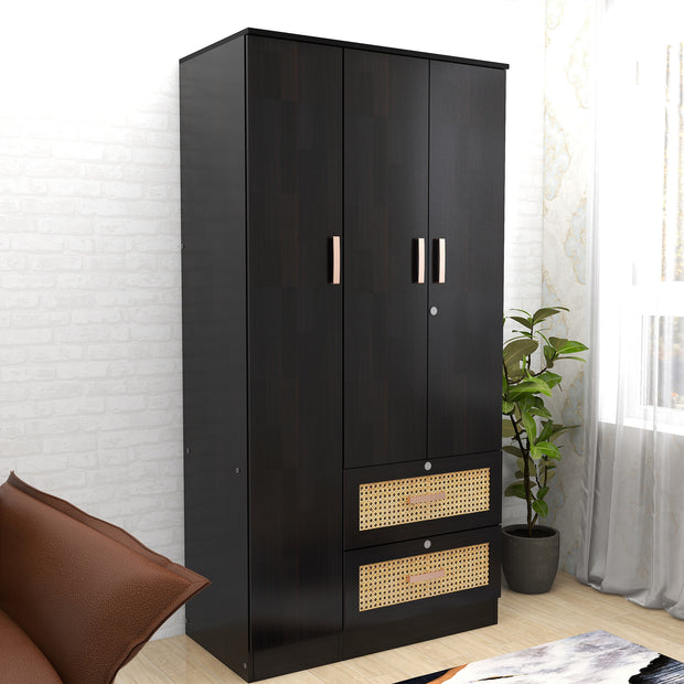 Ren 3-Door Rattan Design Wardrobe for Bedroom – Engineered Wood Almirah by DF2H