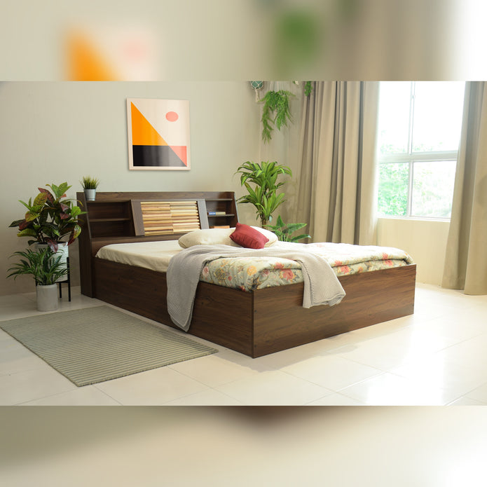Timber Queen Bed – Walnut Finish with Box Storage