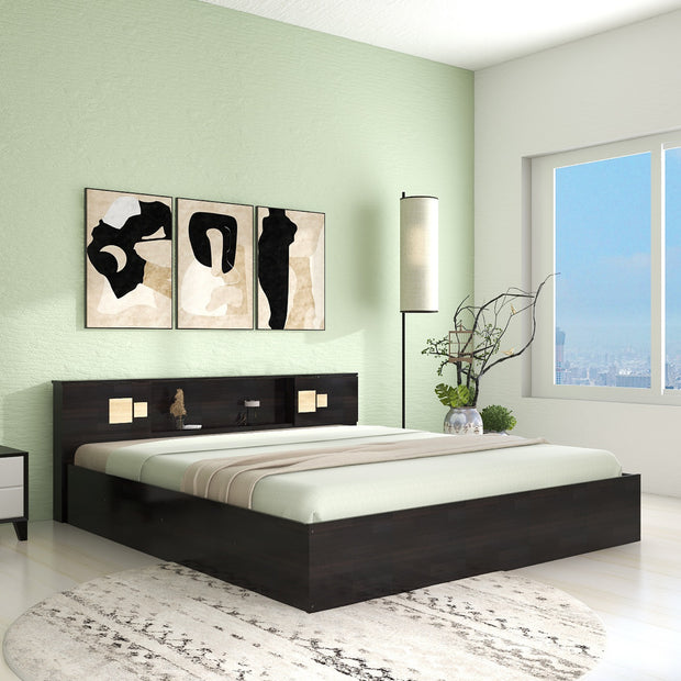 سرير كوميكو مع صندوق تخزين غير منسوج - خشب هندسي، لمسة نهائية من خشب الجوز