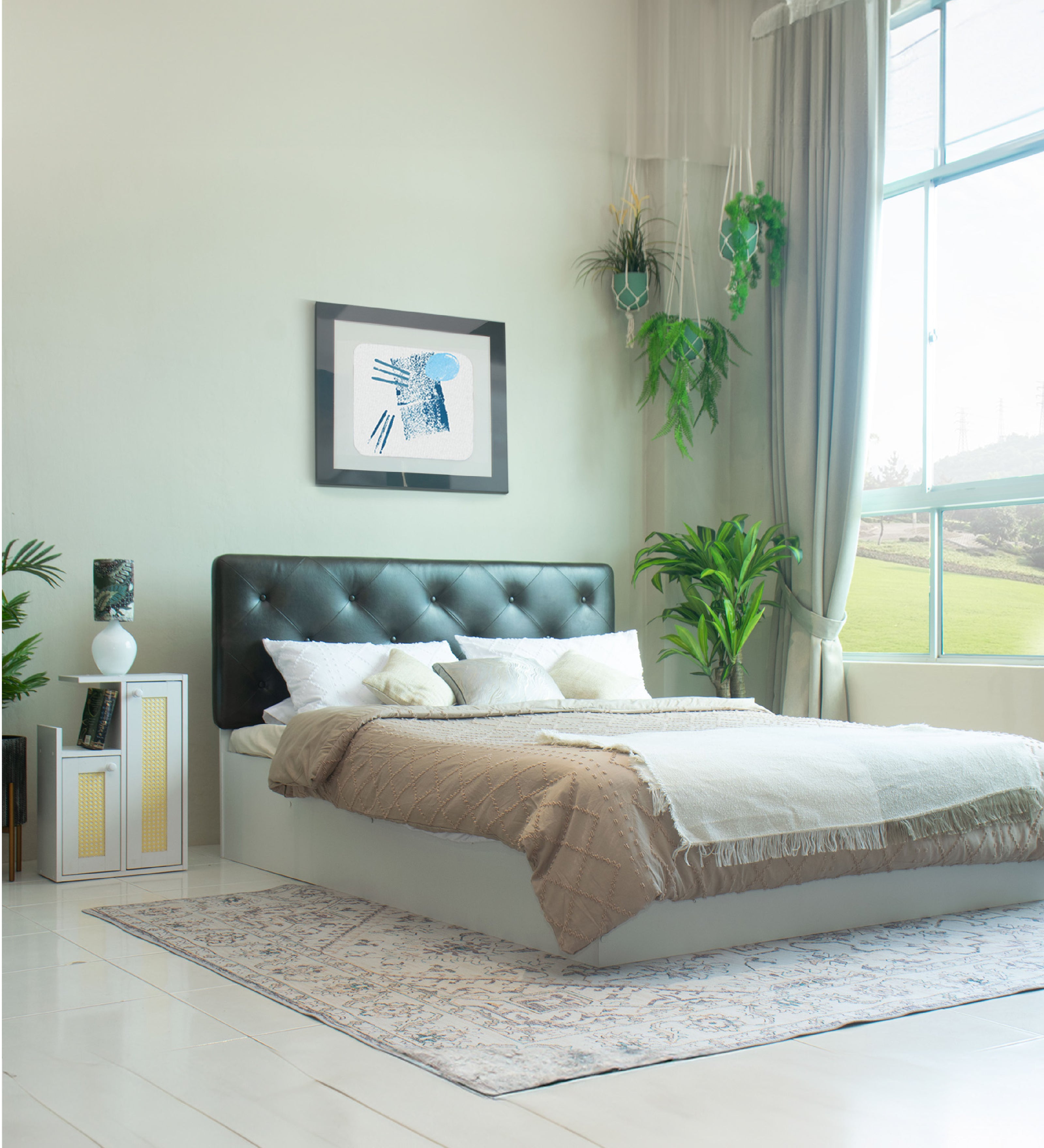 سرير فحمي مع قماش جلدي فاخر وصندوق تخزين - سرير كوين