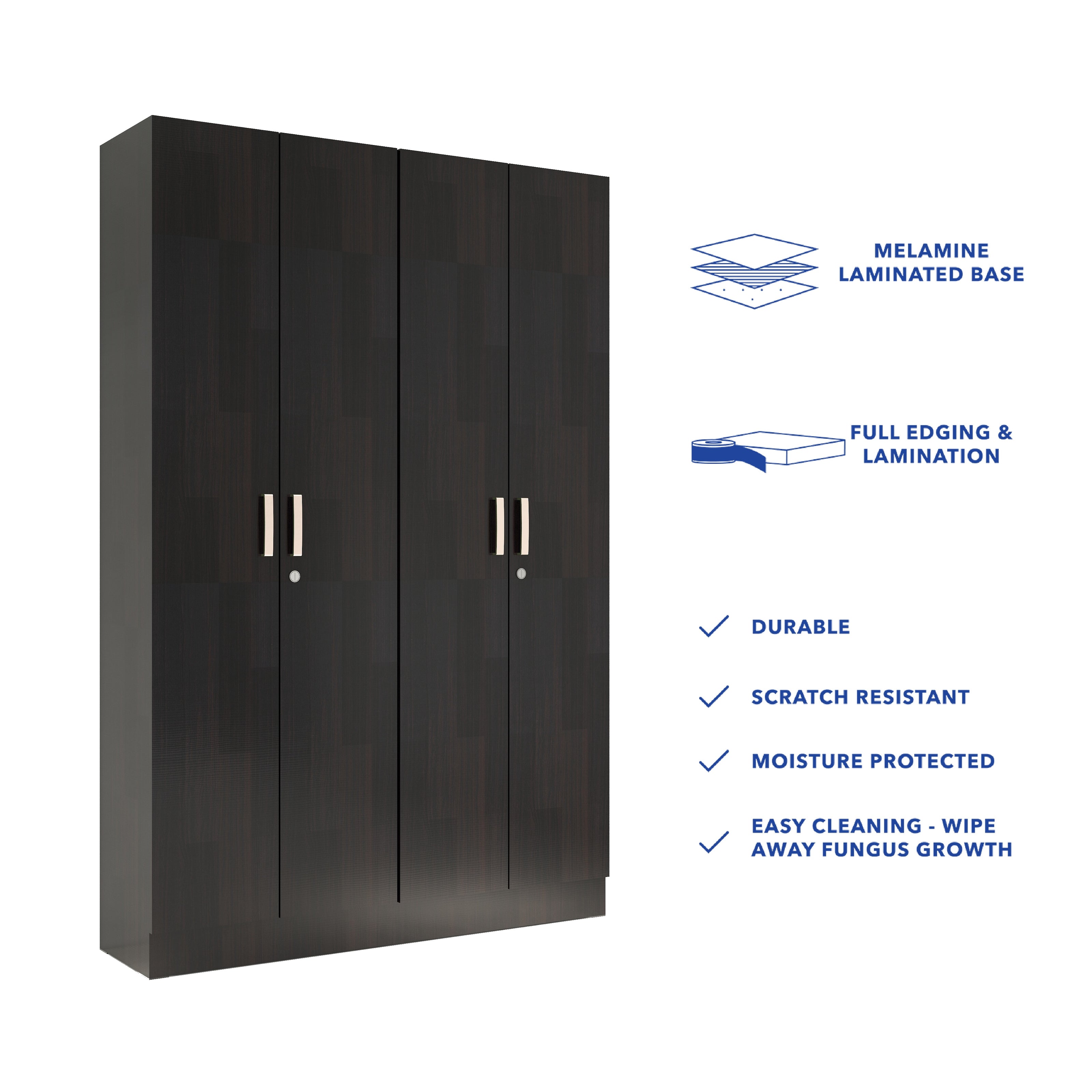 Kenzou 4-Door Engineered Wood Wardrobe – Large Almirah with Hanging Rod & Shelves
