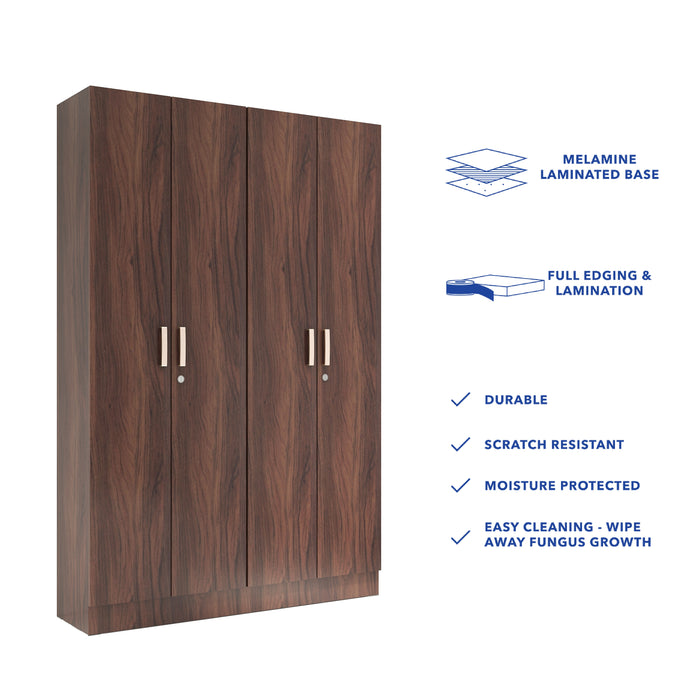 Kenzou 4-Door Engineered Wood Wardrobe – Large Almirah with Hanging Rod & Shelves