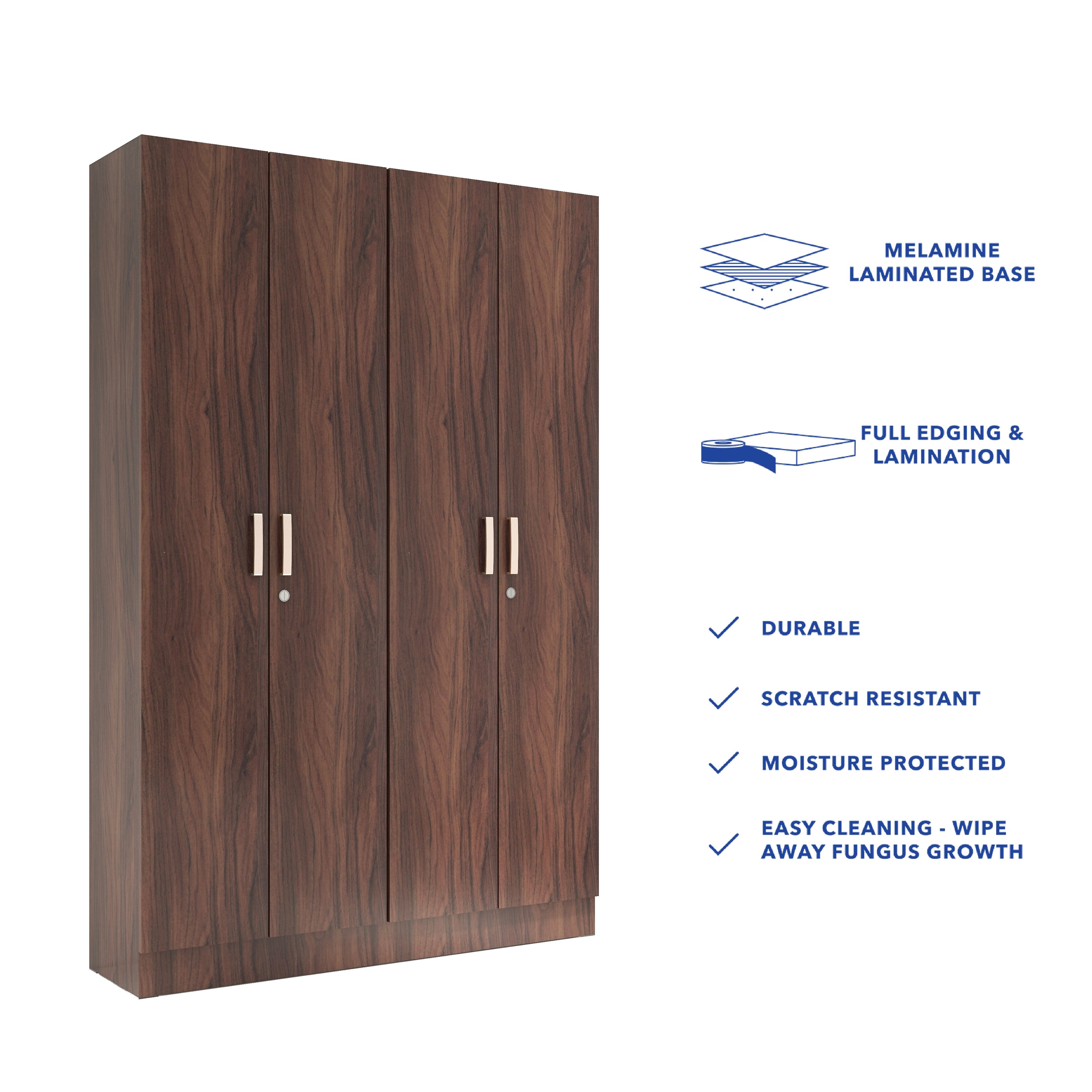 Kenzou 4-Door Engineered Wood Wardrobe – Large Almirah with Hanging Rod & Shelves