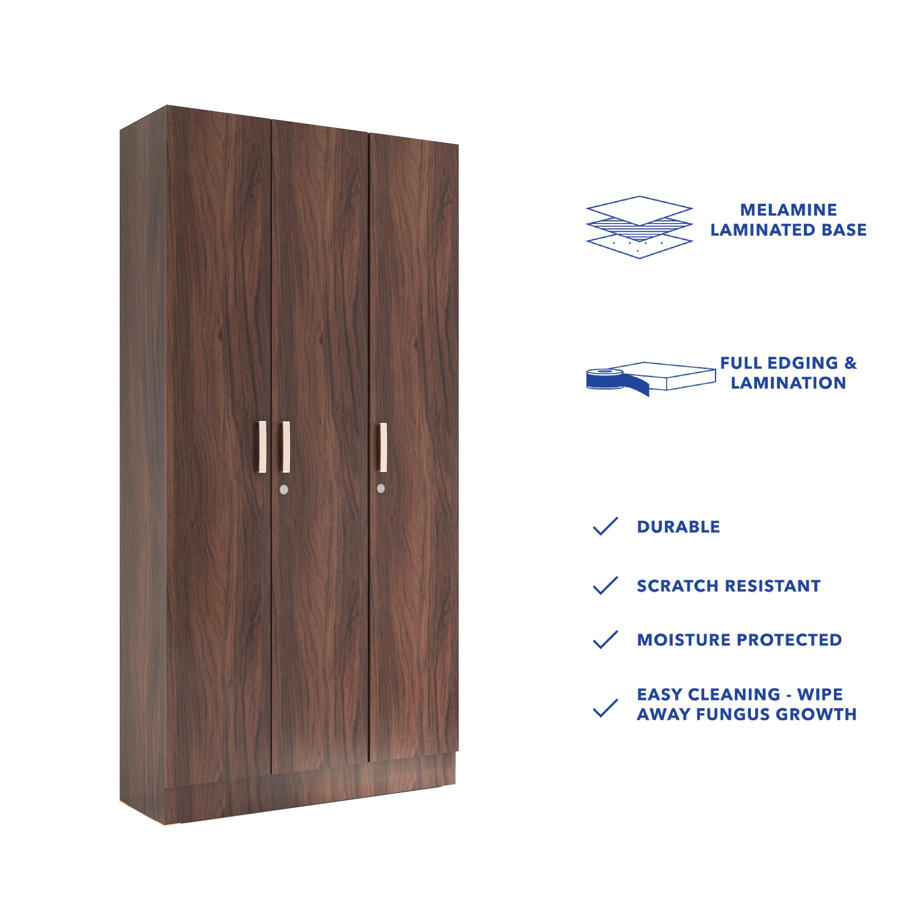 خزانة ملابس كينزو الخشبية الهندسية بثلاثة أبواب - غرفة نوم عصرية مع أرفف