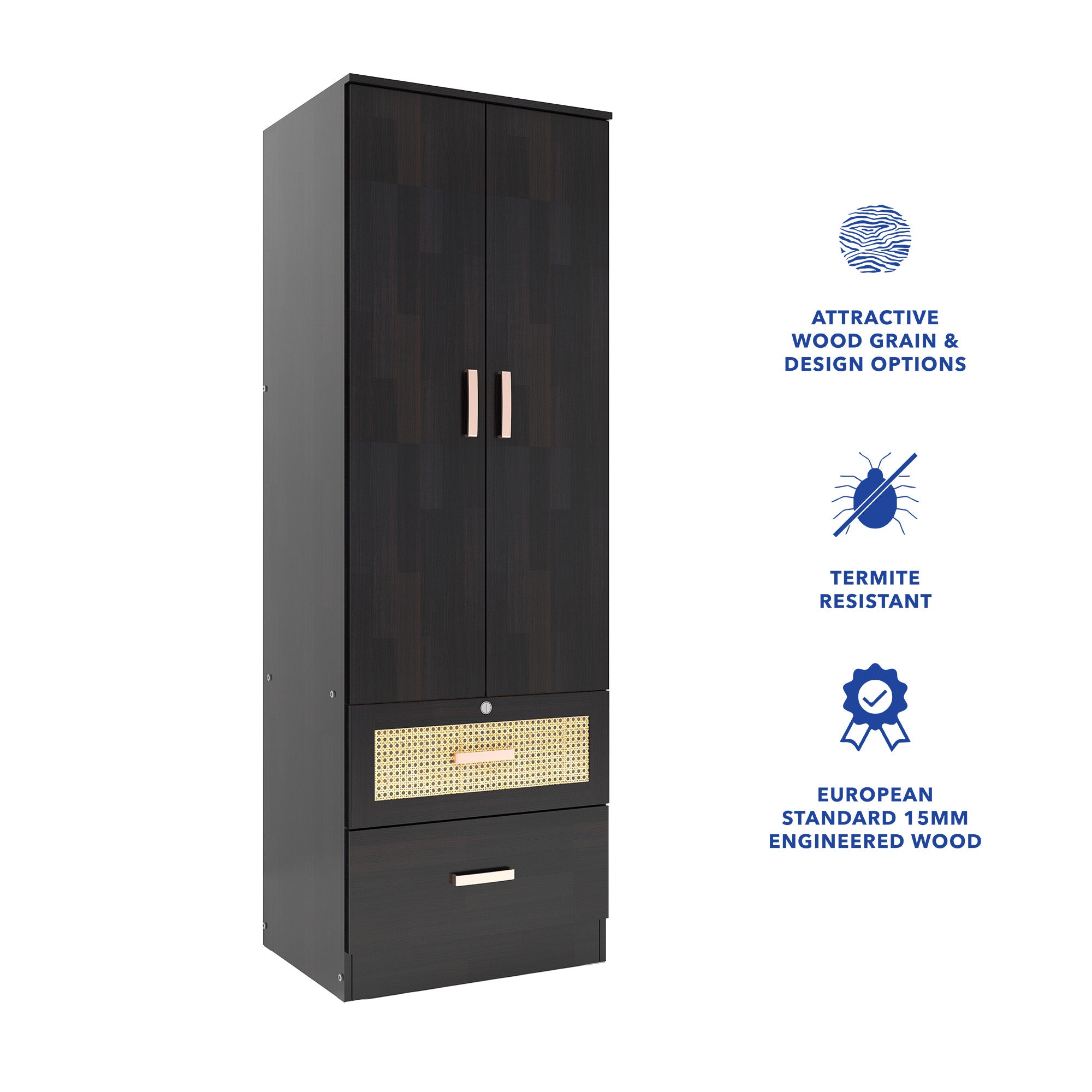 Ren Wooden 2-Door Wardrobe with Rattan Shutters – DF2H
