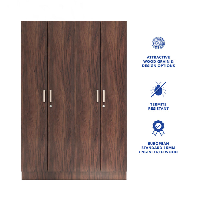 Kenzou 4-Door Engineered Wood Wardrobe – Large Almirah with Hanging Rod & Shelves