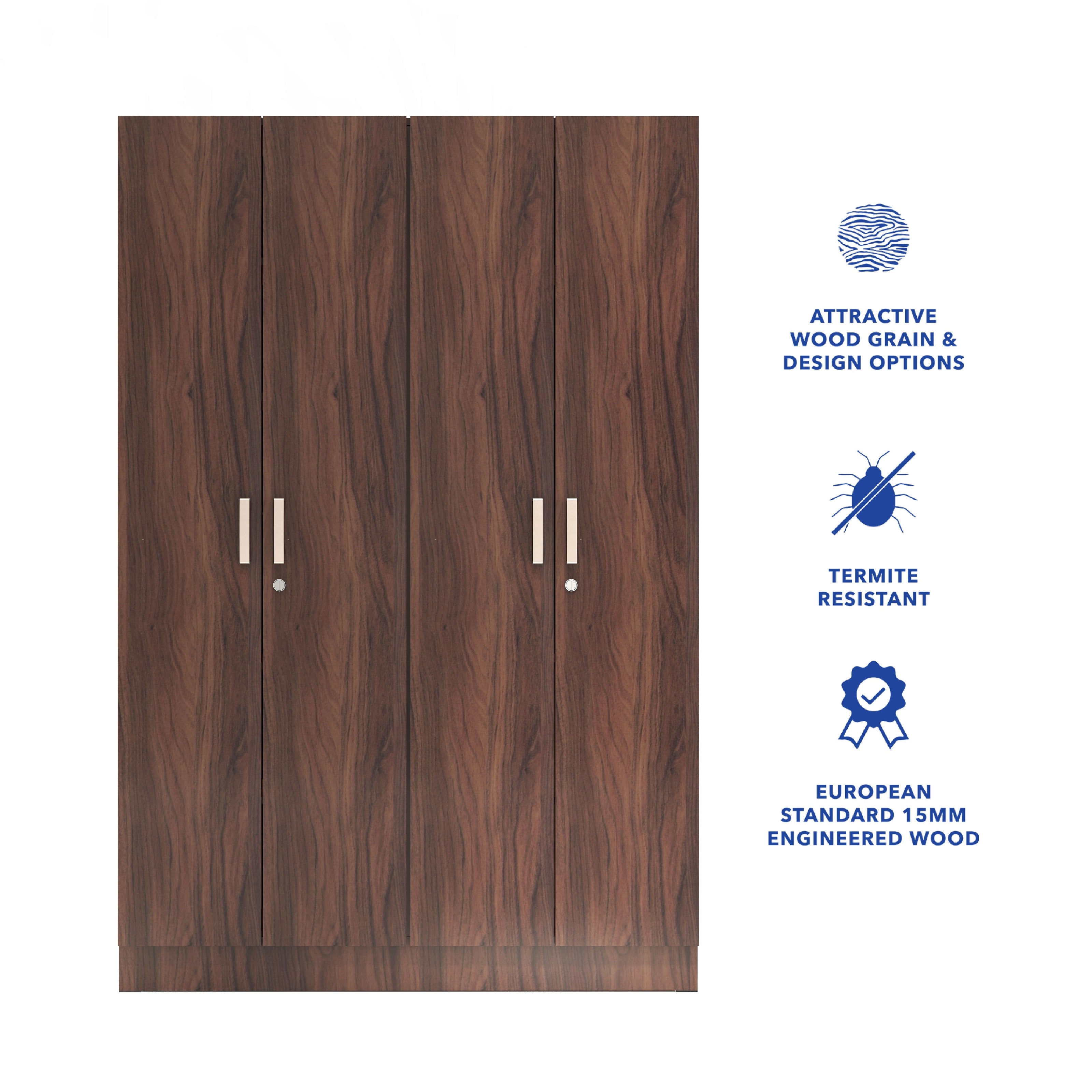 Kenzou 4-Door Engineered Wood Wardrobe – Large Almirah with Hanging Rod & Shelves