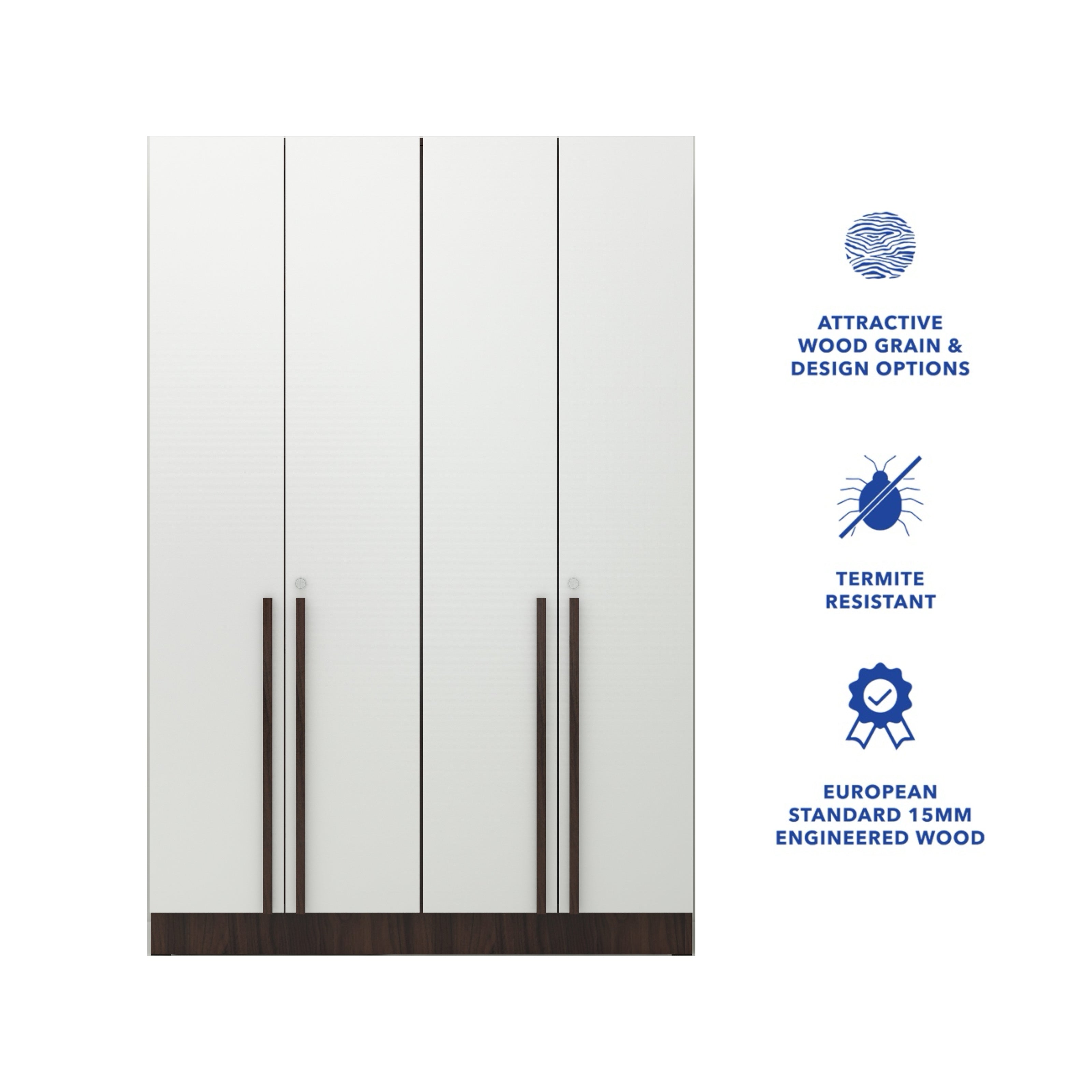 Kenzou 4-Door Engineered Wood Wardrobe – Large Almirah with Hanging Rod & Shelves