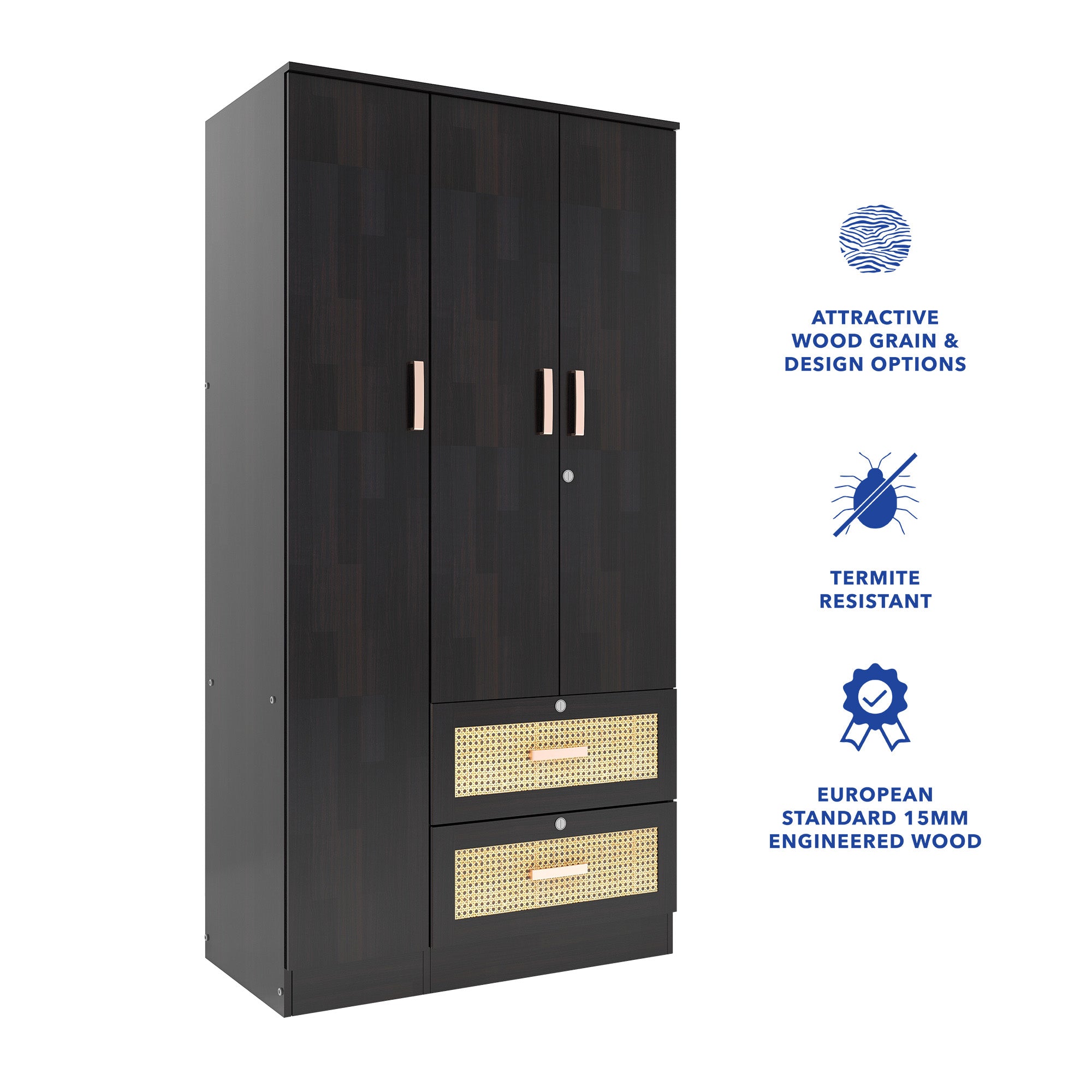Ren 3-Door Engineered Wood Wardrobe with Rattan Design – Bedroom Almirah