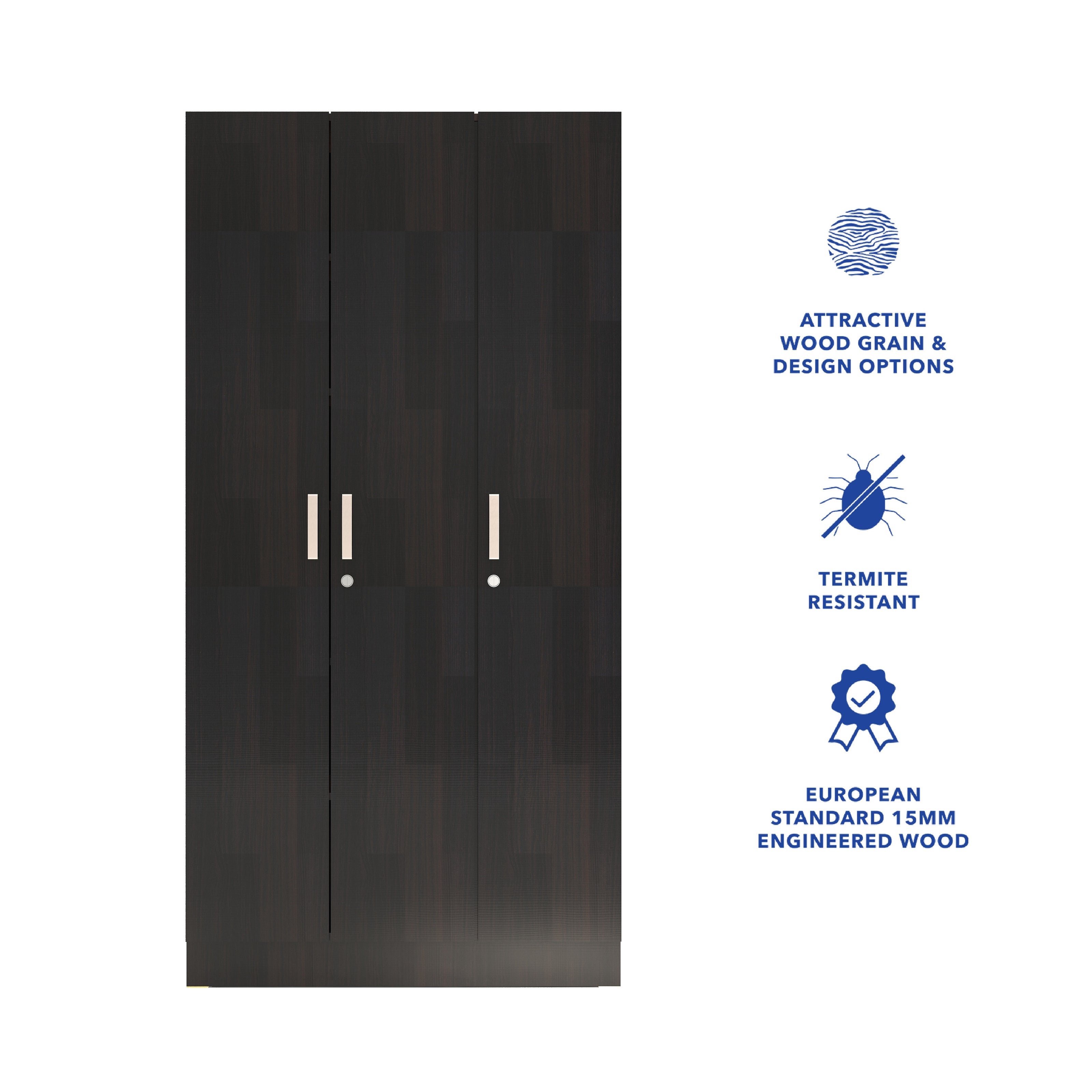 خزانة ملابس كينزو الخشبية الهندسية بثلاثة أبواب - غرفة نوم عصرية مع أرفف