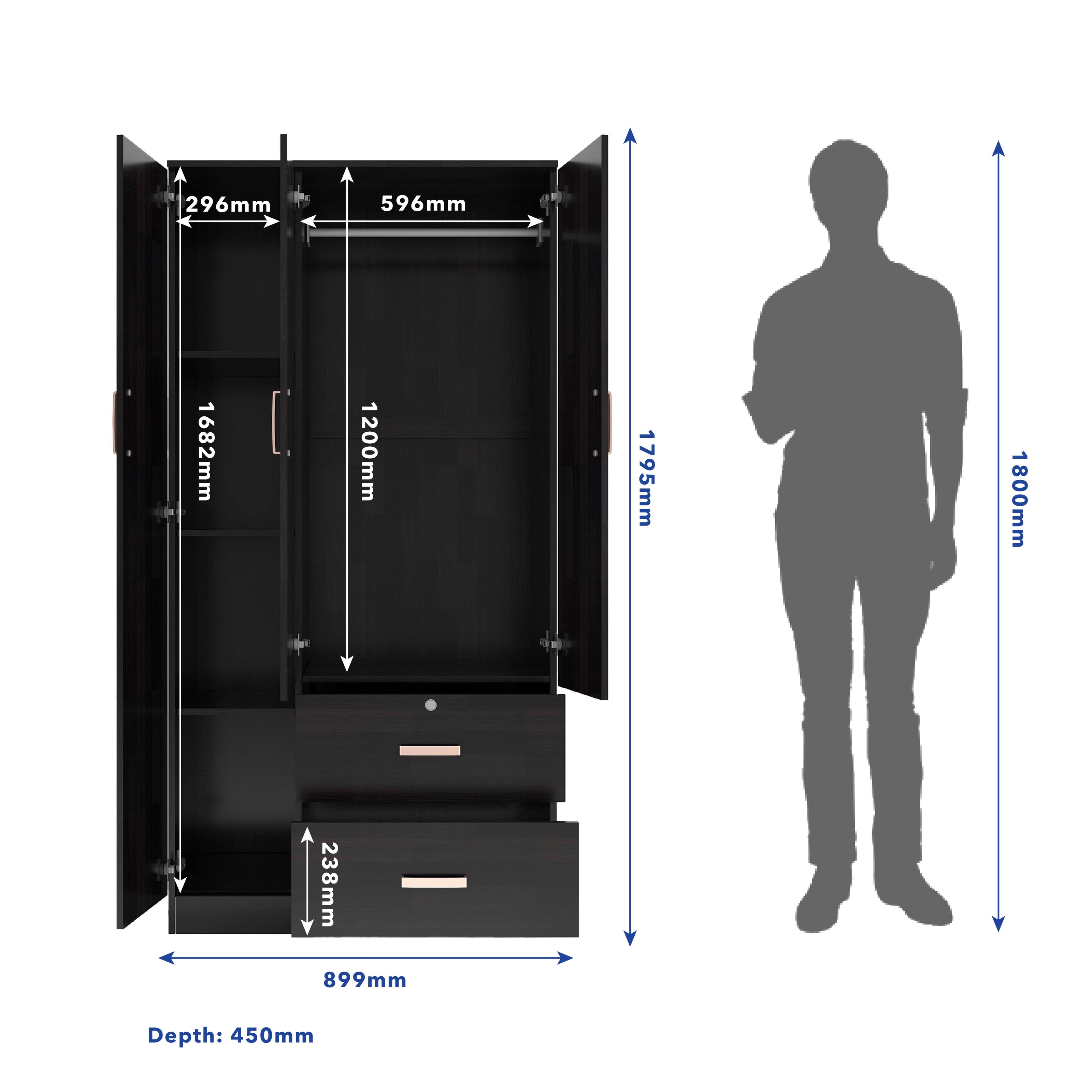 خزانة ملابس رين بثلاثة أبواب مصنوعة من الخشب الهندسي - غرفة نوم واسعة مع أرفف
