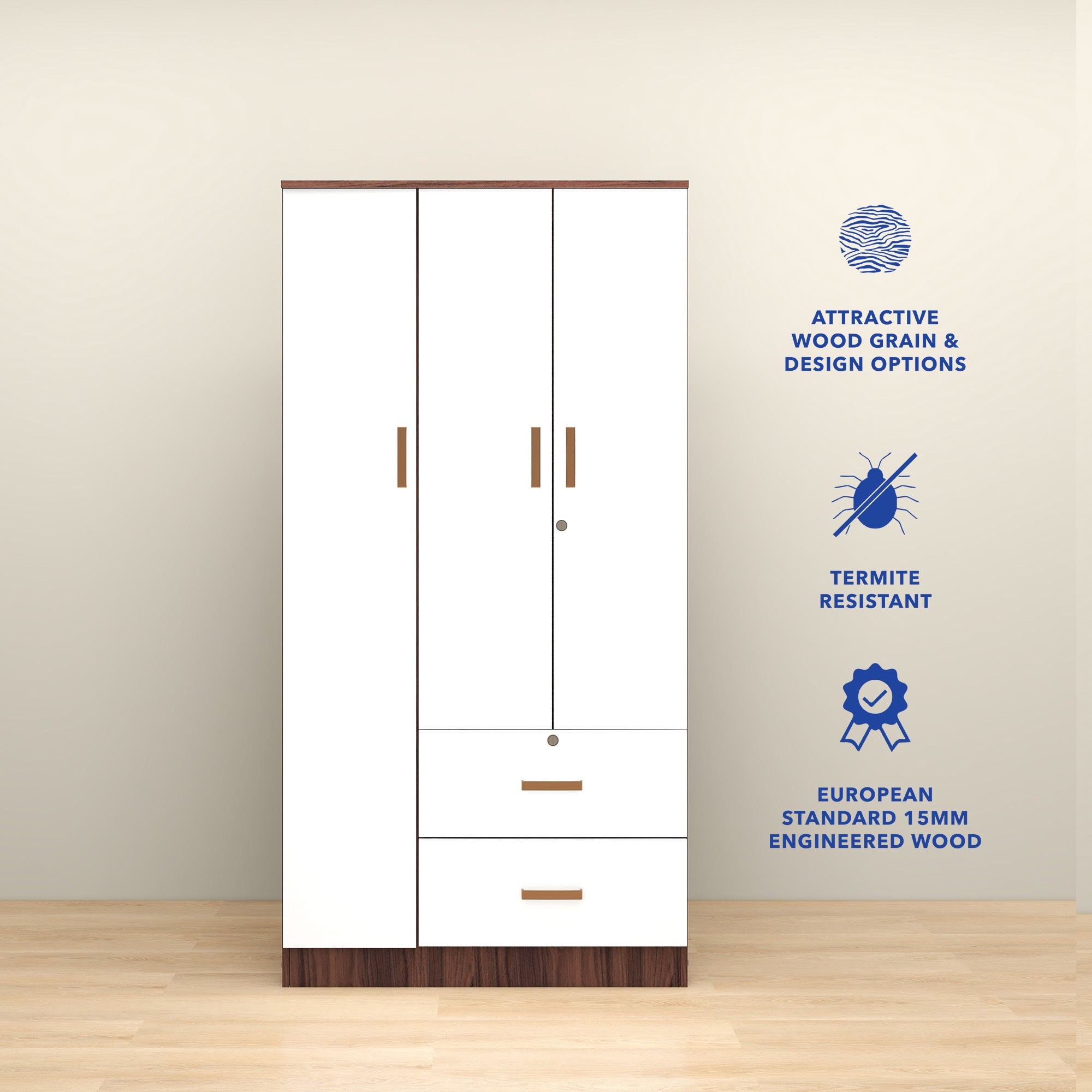 خزانة ملابس رين بثلاثة أبواب مصنوعة من الخشب الهندسي - غرفة نوم واسعة مع أرفف