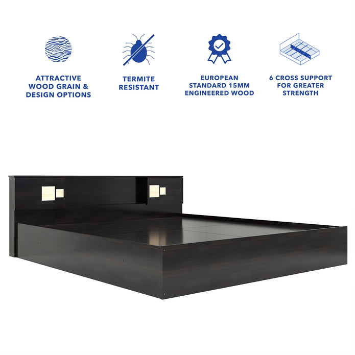 Kumiko Bed with Non-Woven Box Storage – Engineered Wood, Walnut Finish