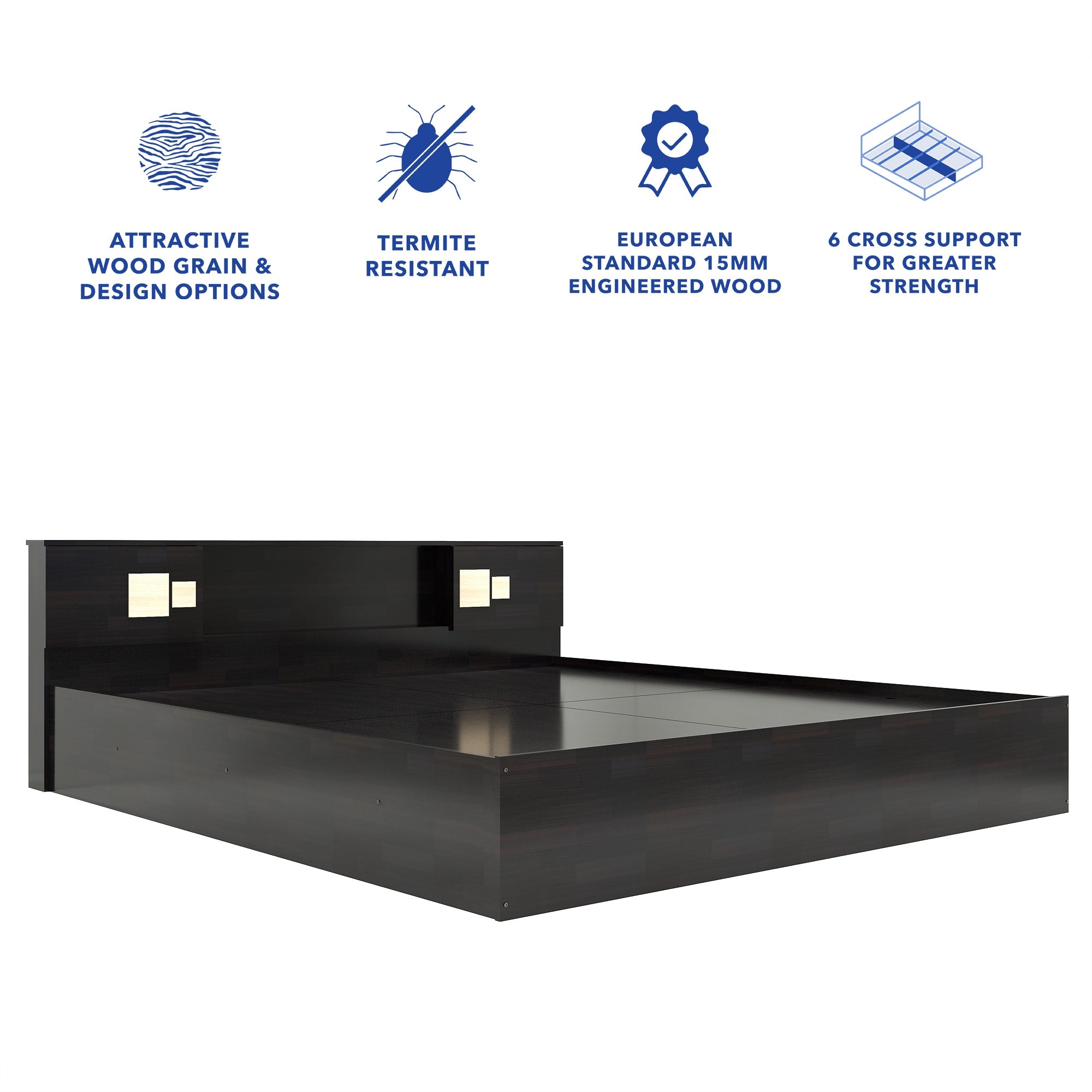 Kumiko Bed with Non-Woven Box Storage – Engineered Wood, Walnut Finish
