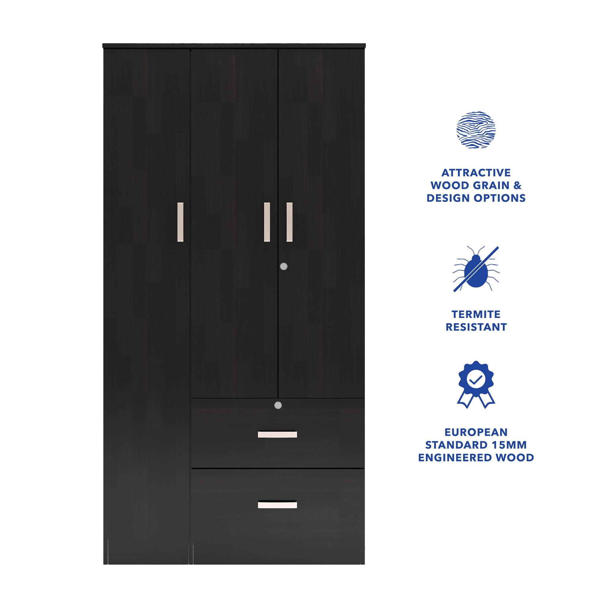 خزانة ملابس رين بثلاثة أبواب مصنوعة من الخشب الهندسي - غرفة نوم واسعة مع أرفف