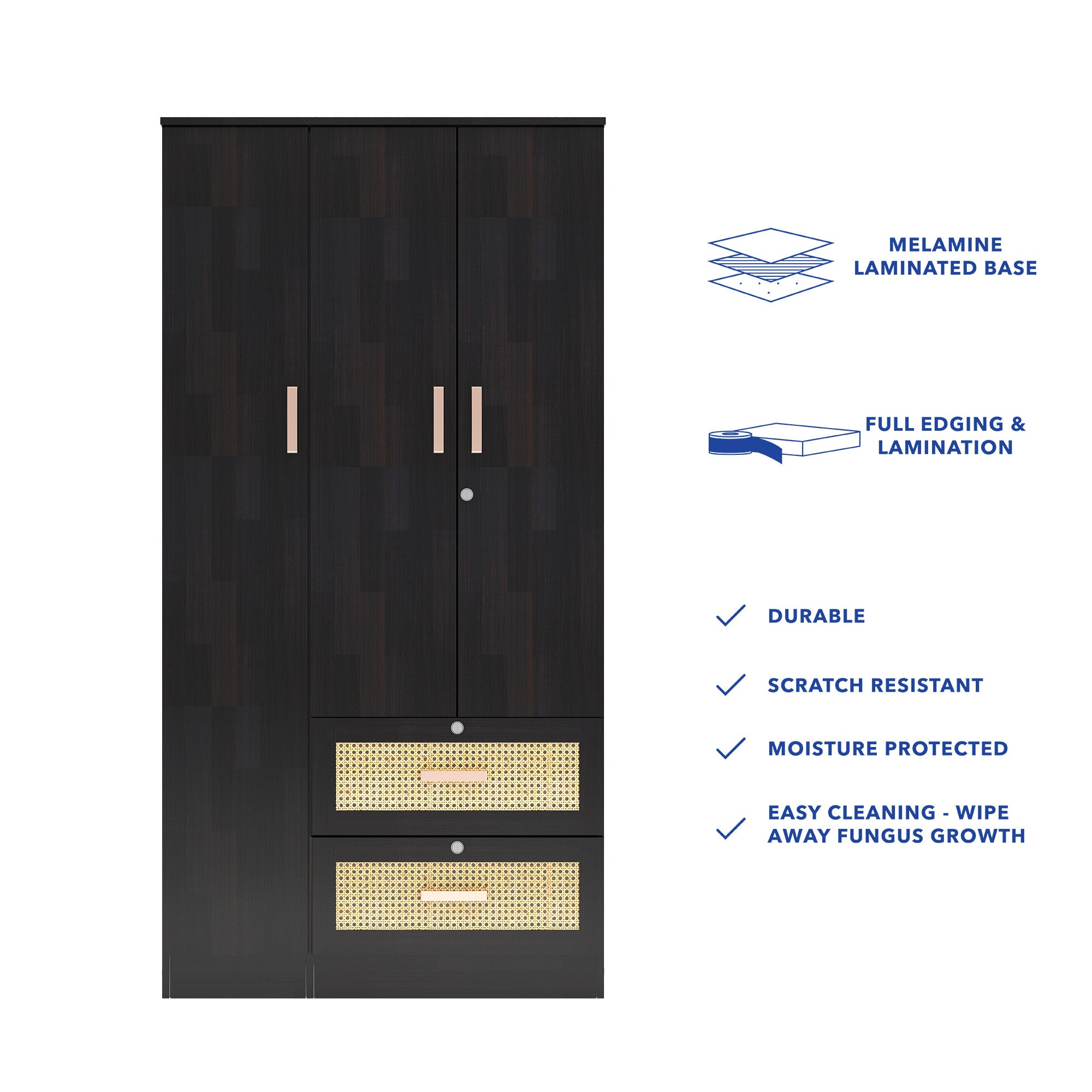 Ren 3-Door Engineered Wood Wardrobe with Rattan Design – Bedroom Almirah