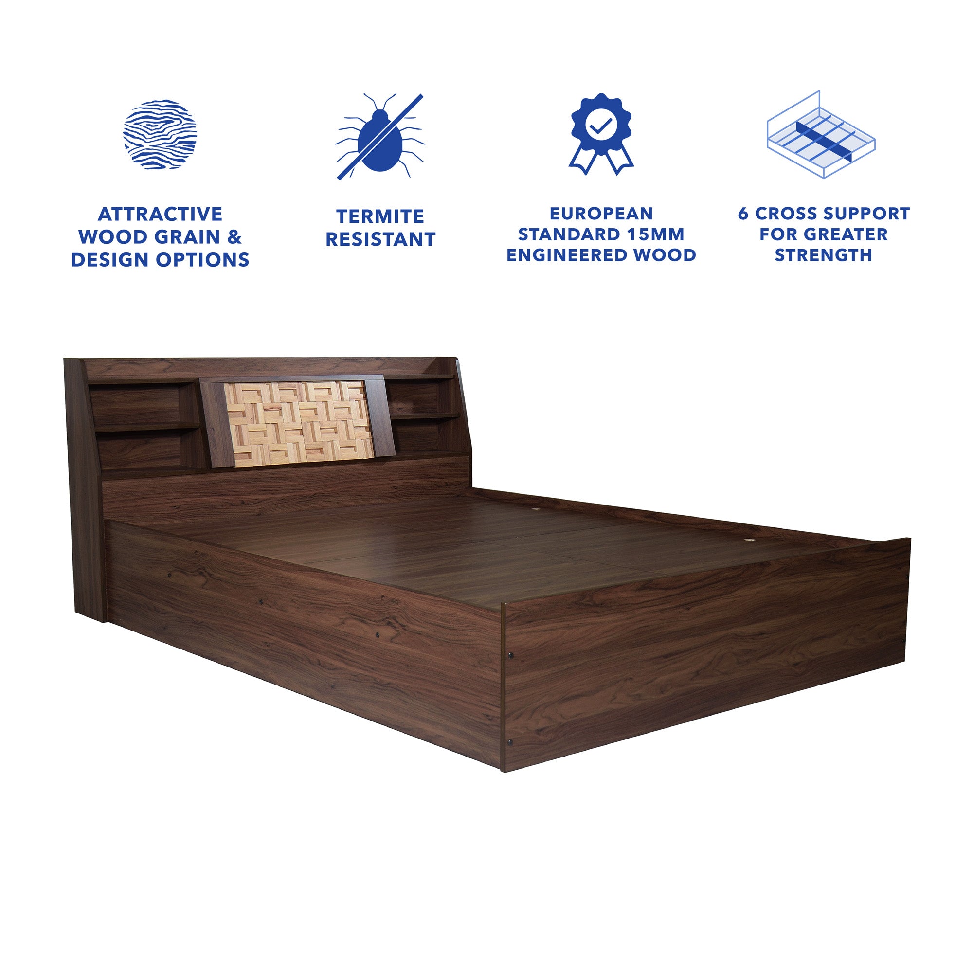 Timber Queen Bed – Walnut Finish with Box Storage