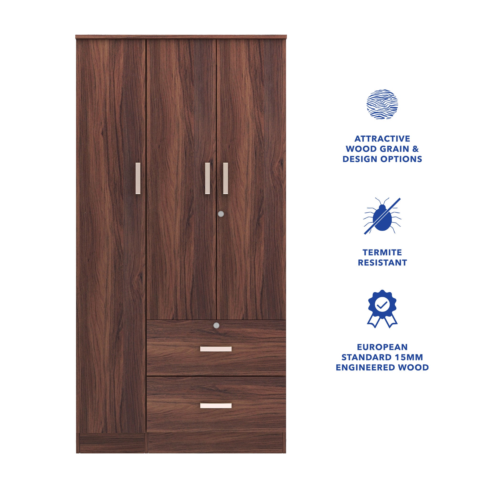 خزانة ملابس رين بثلاثة أبواب مصنوعة من الخشب الهندسي - غرفة نوم واسعة مع أرفف