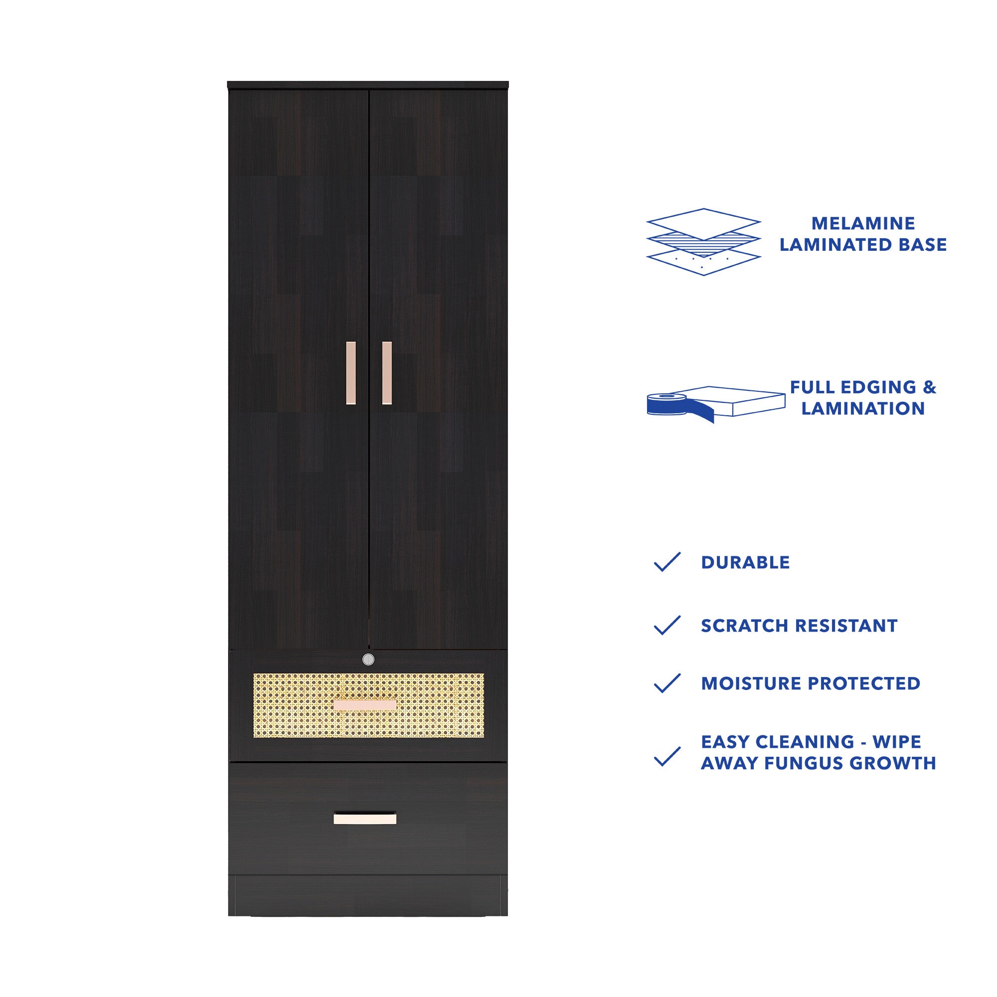 Ren Wooden 2-Door Wardrobe with Rattan Shutters – DF2H