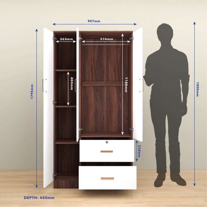 خزانة ملابس رين بثلاثة أبواب مصنوعة من الخشب الهندسي - غرفة نوم واسعة مع أرفف