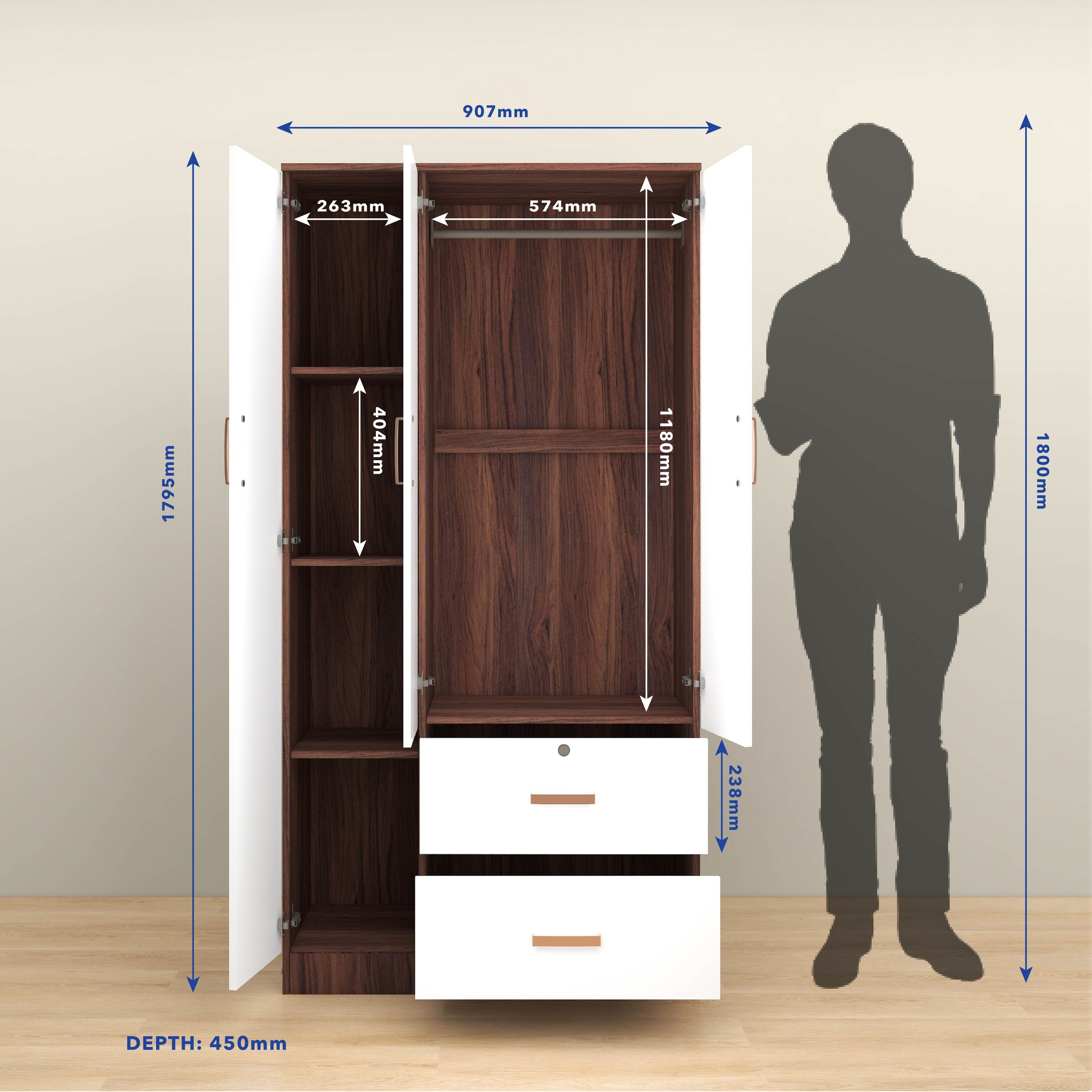 خزانة ملابس رين بثلاثة أبواب مصنوعة من الخشب الهندسي - غرفة نوم واسعة مع أرفف