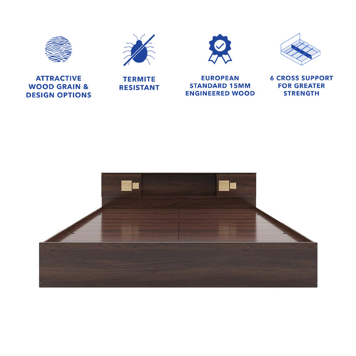 Kumiko Bed with Non-Woven Box Storage – Engineered Wood, Walnut Finish
