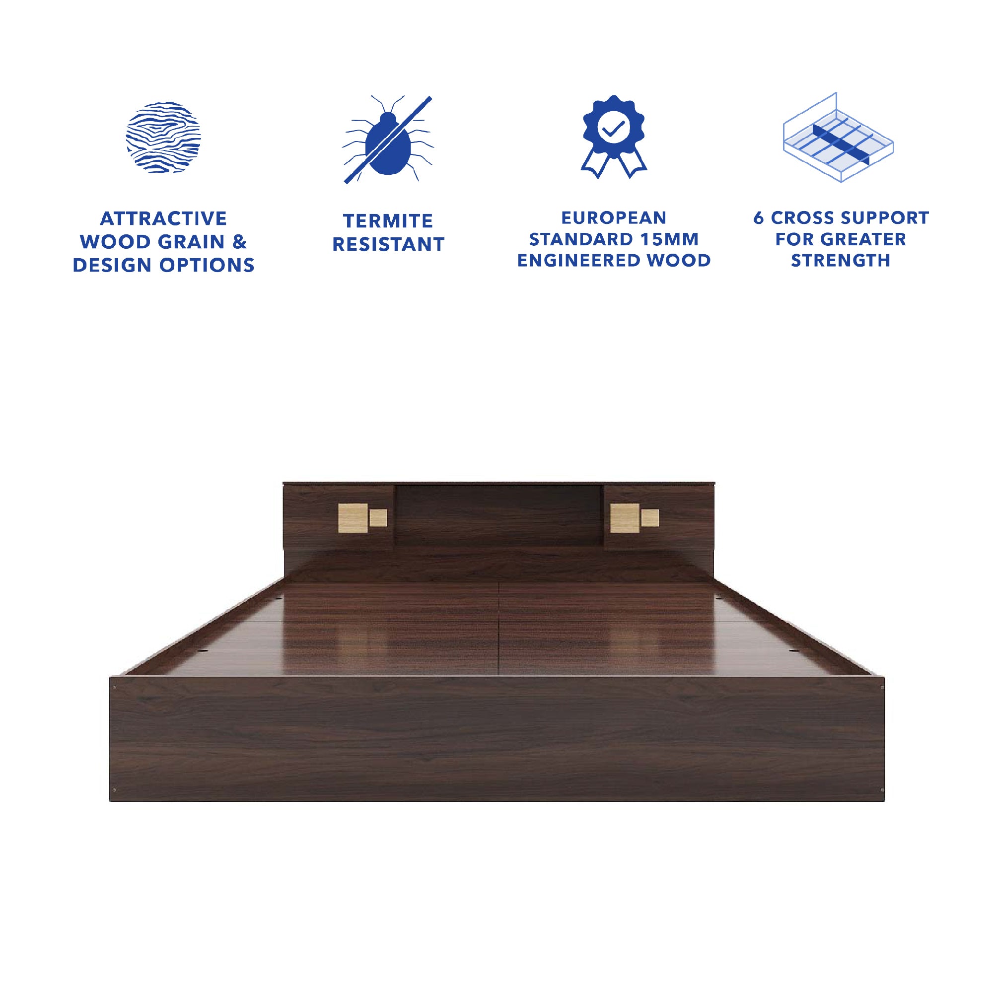 Kumiko Bed with Non-Woven Box Storage – Engineered Wood, Walnut Finish