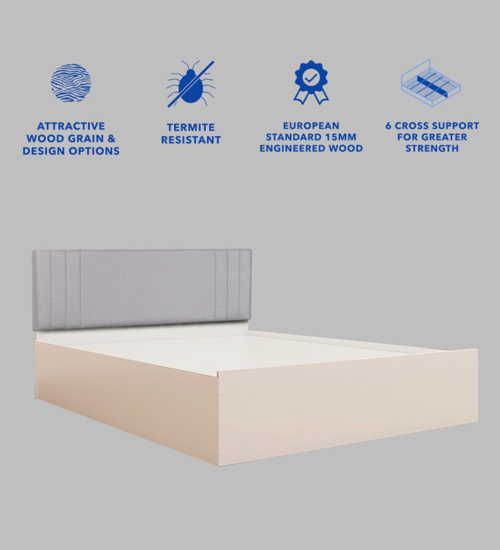 Ananda Queen Bedroom Set – Upholstered Bed & 4-Door Wardrobe (White & Silver Oak)