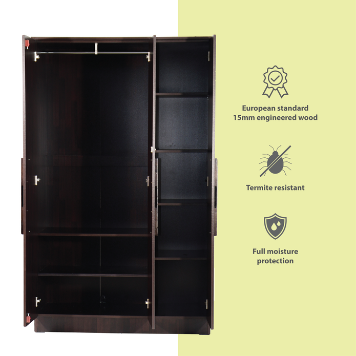 Litae 3-Door Engineered Wood Wardrobe – Modern Almirah with Shelves & Hanger