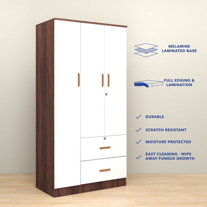 خزانة ملابس رين بثلاثة أبواب مصنوعة من الخشب الهندسي - غرفة نوم واسعة مع أرفف