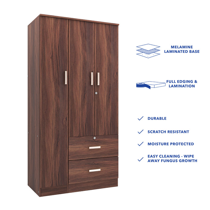 خزانة ملابس رين بثلاثة أبواب مصنوعة من الخشب الهندسي - غرفة نوم واسعة مع أرفف