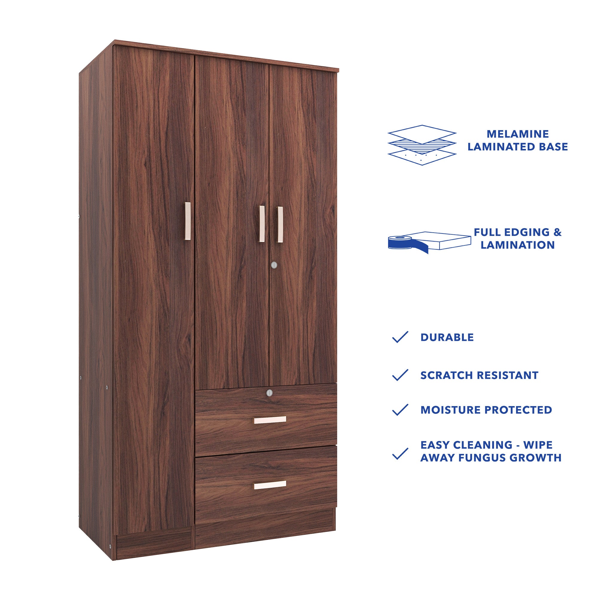 خزانة ملابس رين بثلاثة أبواب مصنوعة من الخشب الهندسي - غرفة نوم واسعة مع أرفف