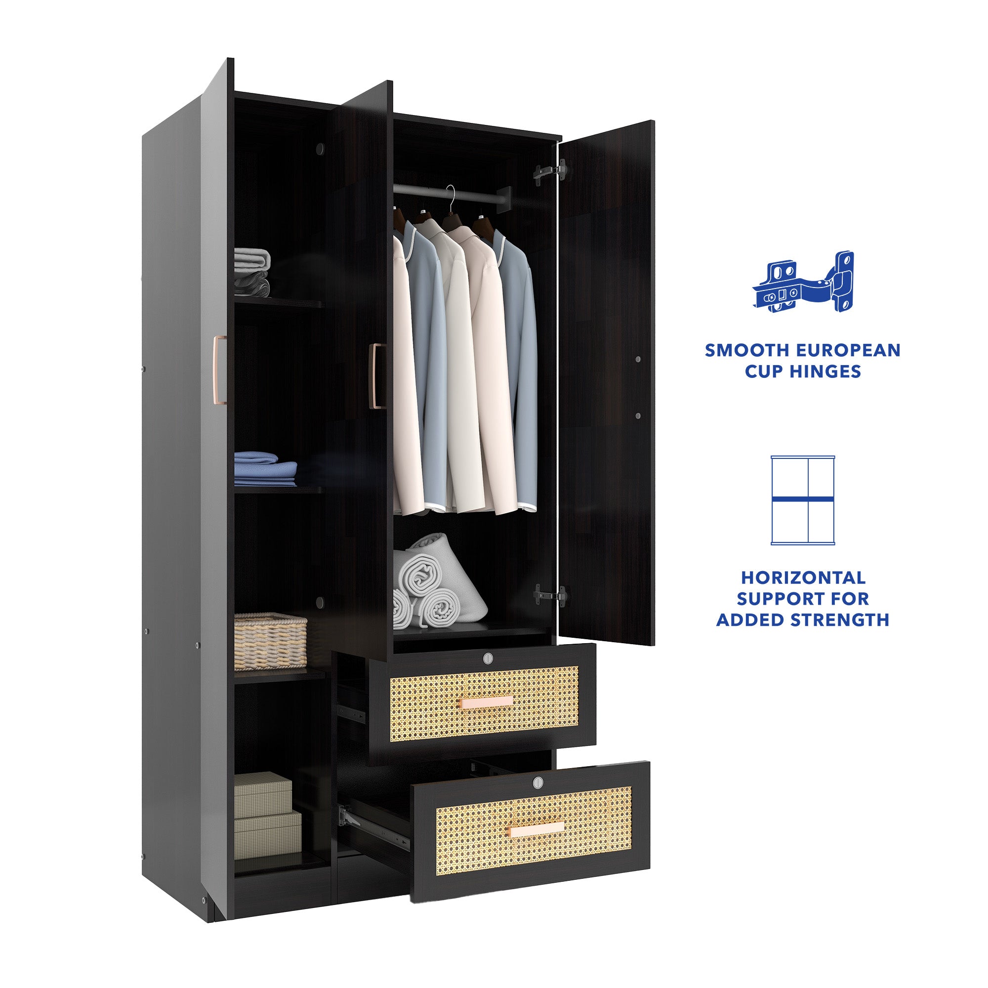 Ren 3-Door Engineered Wood Wardrobe with Rattan Design – Bedroom Almirah